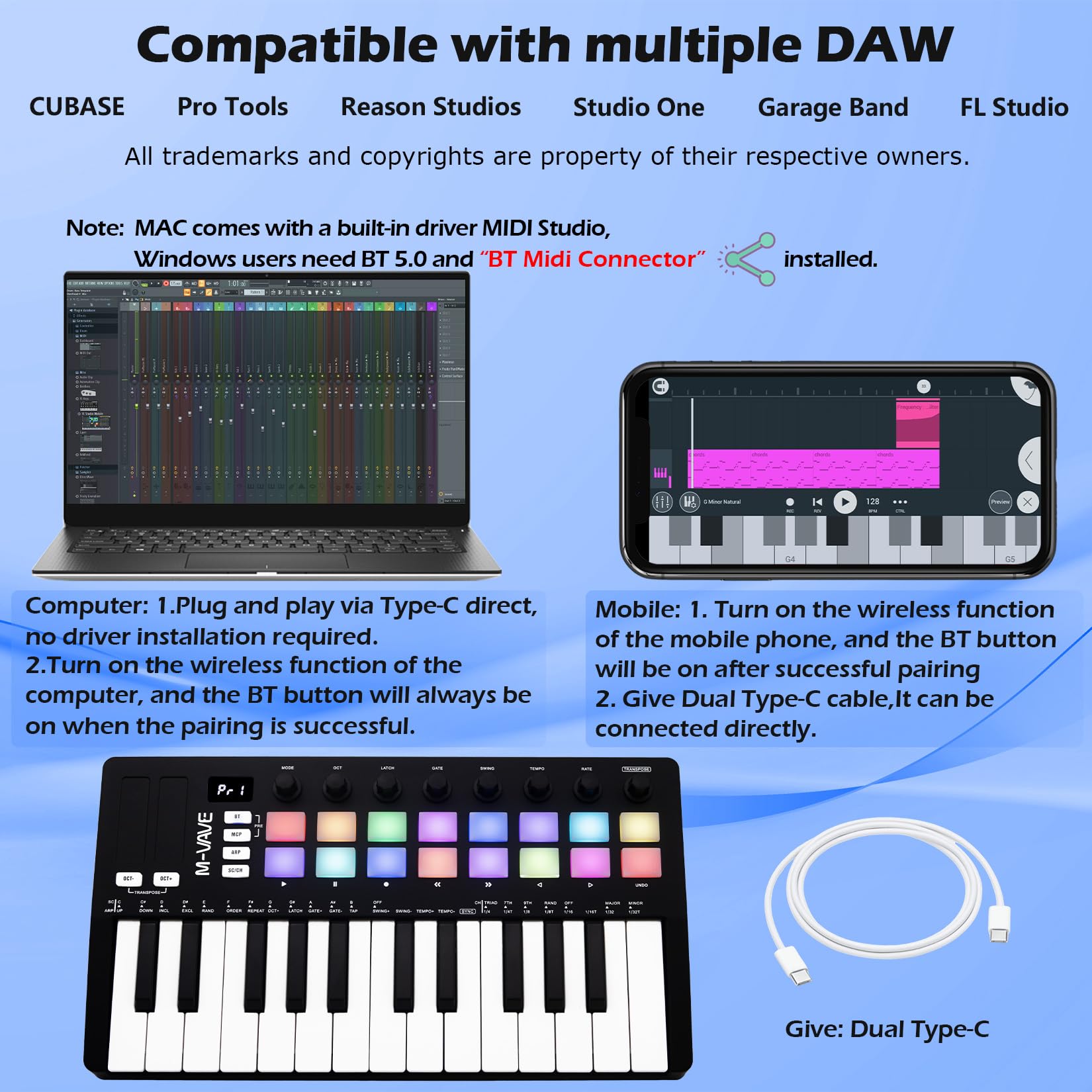 M-VAVE 25 touches 16 pads de batterie rétroéclairés Clavier MIDI - Beat maker professionnel et Keytar pour la production musicale au clavier Batterie intégrée Wireless Connect, MIDI 16 PADS, Noir