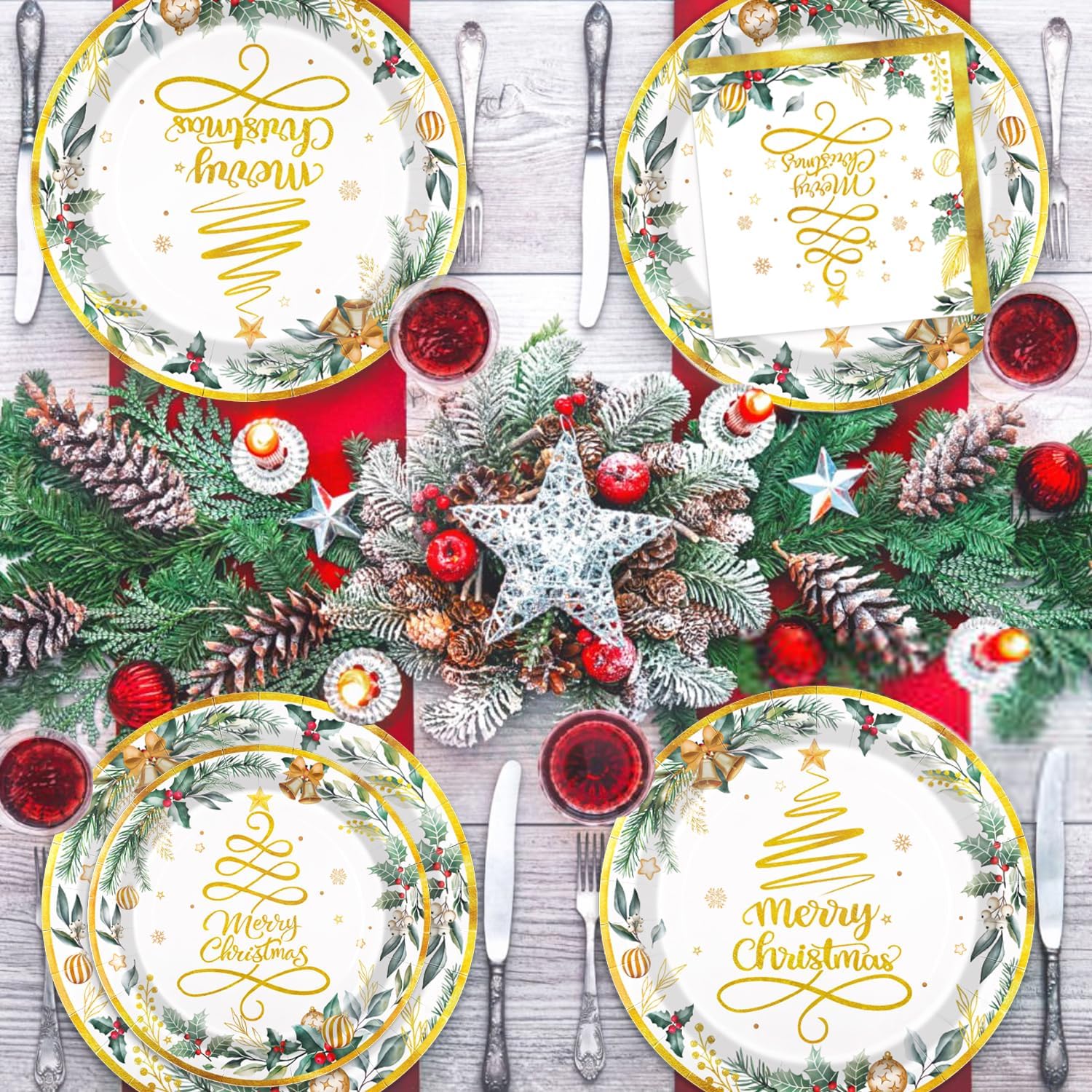 Oigco 120 PCS Christmas Plates and Napkins, Xmas Tree Dinnerware Includes Plates, Cups, Napkins, Cutlery for Merry Christmas Party Decorations, Serves 20