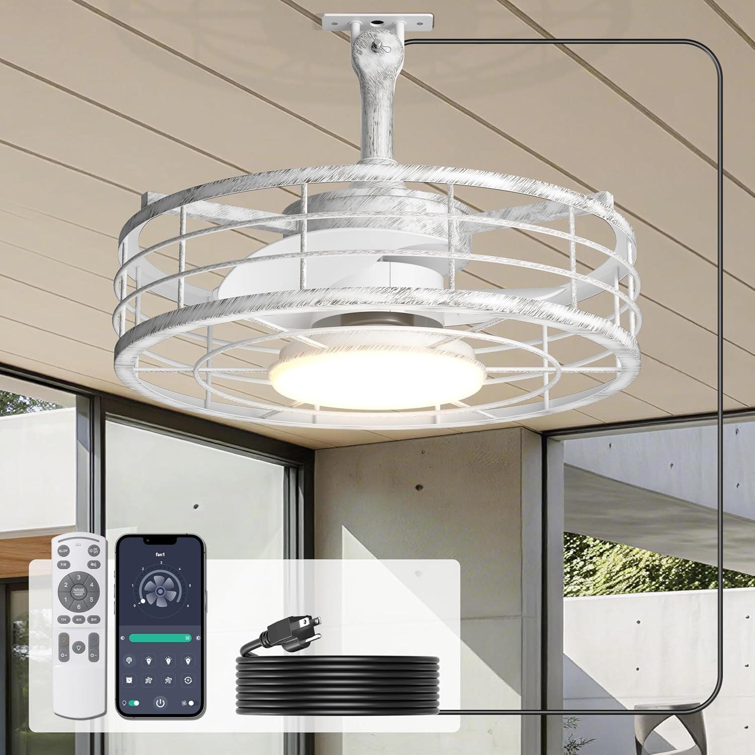 Outdoor Ceiling Fan with Lights - 16'' Antique White Distressed Wet Rated Gazebo Fan Remote/APP Control, Caged Hanging Fan Plug and Play for Covered Patio Porch