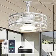 Outdoor Ceiling Fan with Lights - 16'' Antique White Distressed Wet Rated Gazebo Fan Remote/APP Control, Caged Hanging Fan Plug and Play for Covered Patio Porch