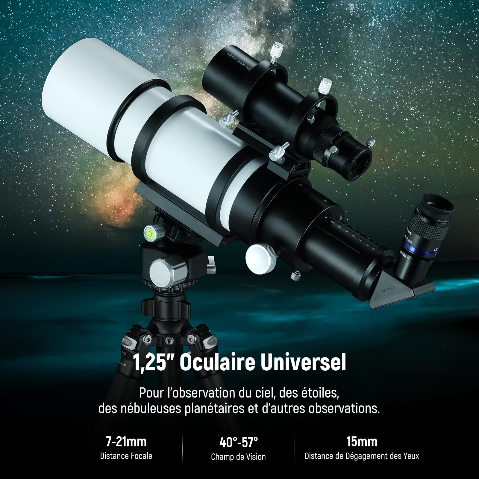 NEEWER Oculaire de Télescope Zoom avec Plage Focale de 7 à 21mm,Champ de Vision de 40°à 57°,Dégagement Oculaire de 15mm,5 éléments en 3 Groupes pour Télescope Astronomique avec Baril 1,25 Pouce,LS-T22