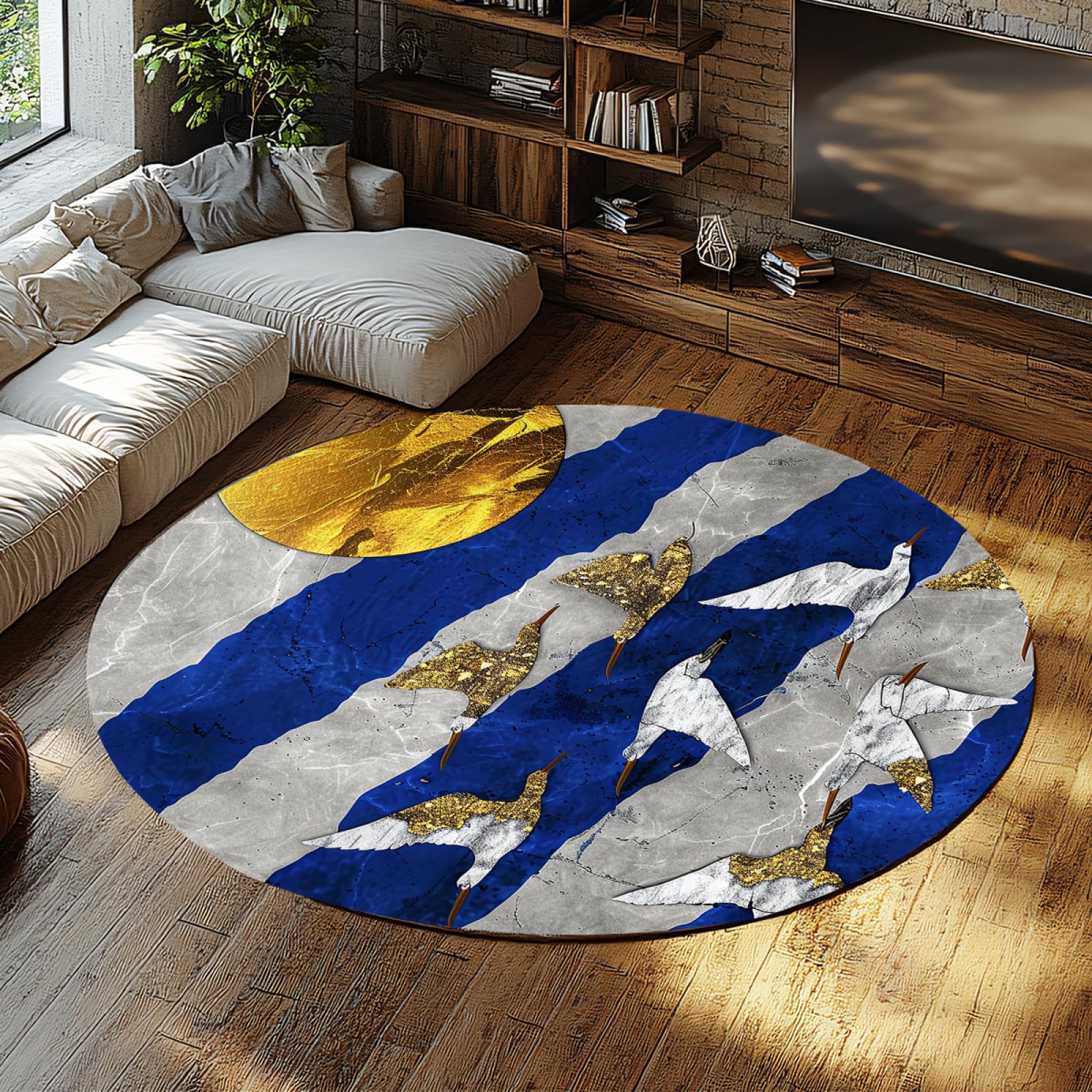 Tapis rond grue bleu et or chic tapis de sol haut de gamme doux 200cm séjour