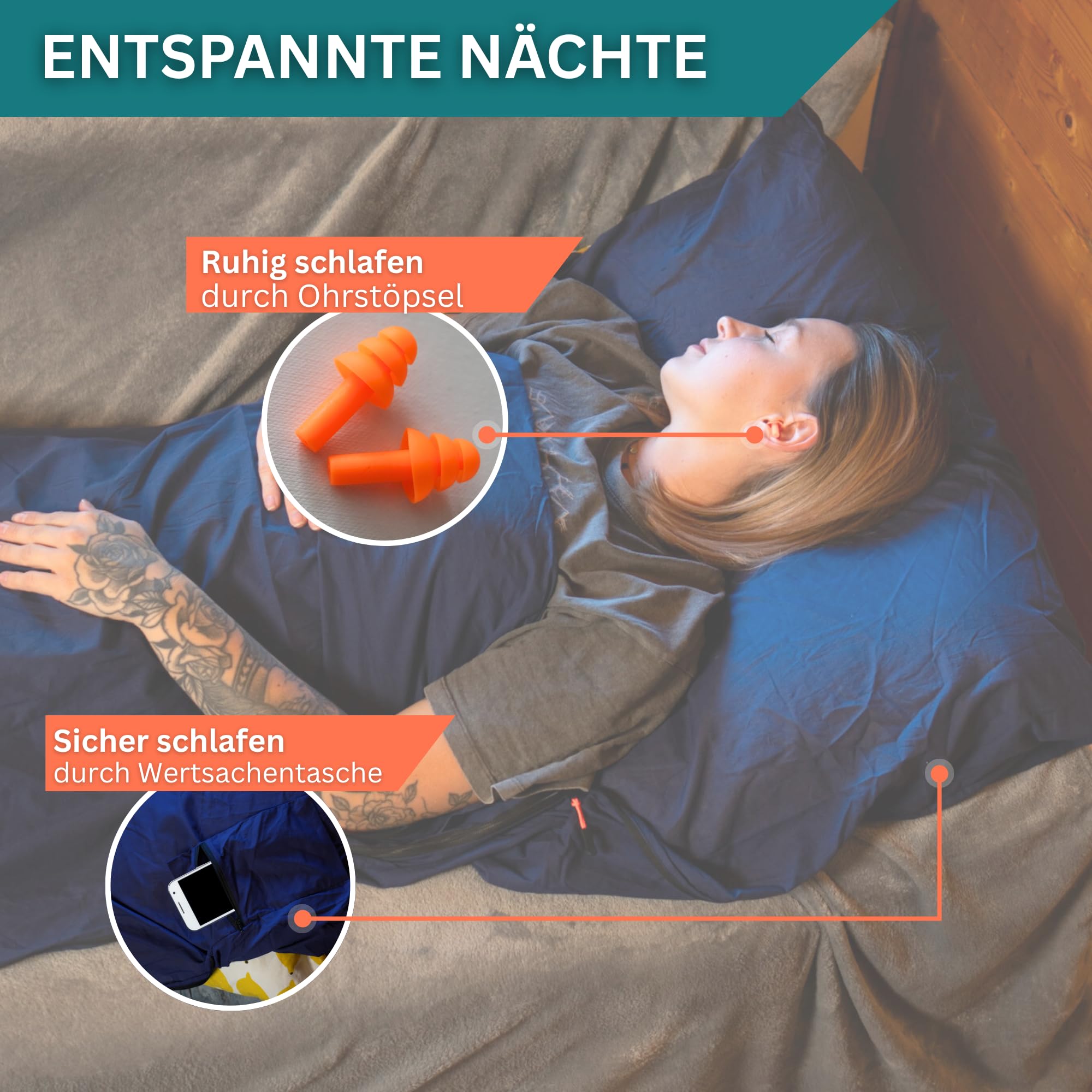 Hüttenschlafsack Baumwolle - Hüttenschlafsack ultraleicht und ultradünn ohne Fütterung - Reiseschlafsack Kleines Packmaß als Inlett mit Kissenfach - Kompakt & Klein