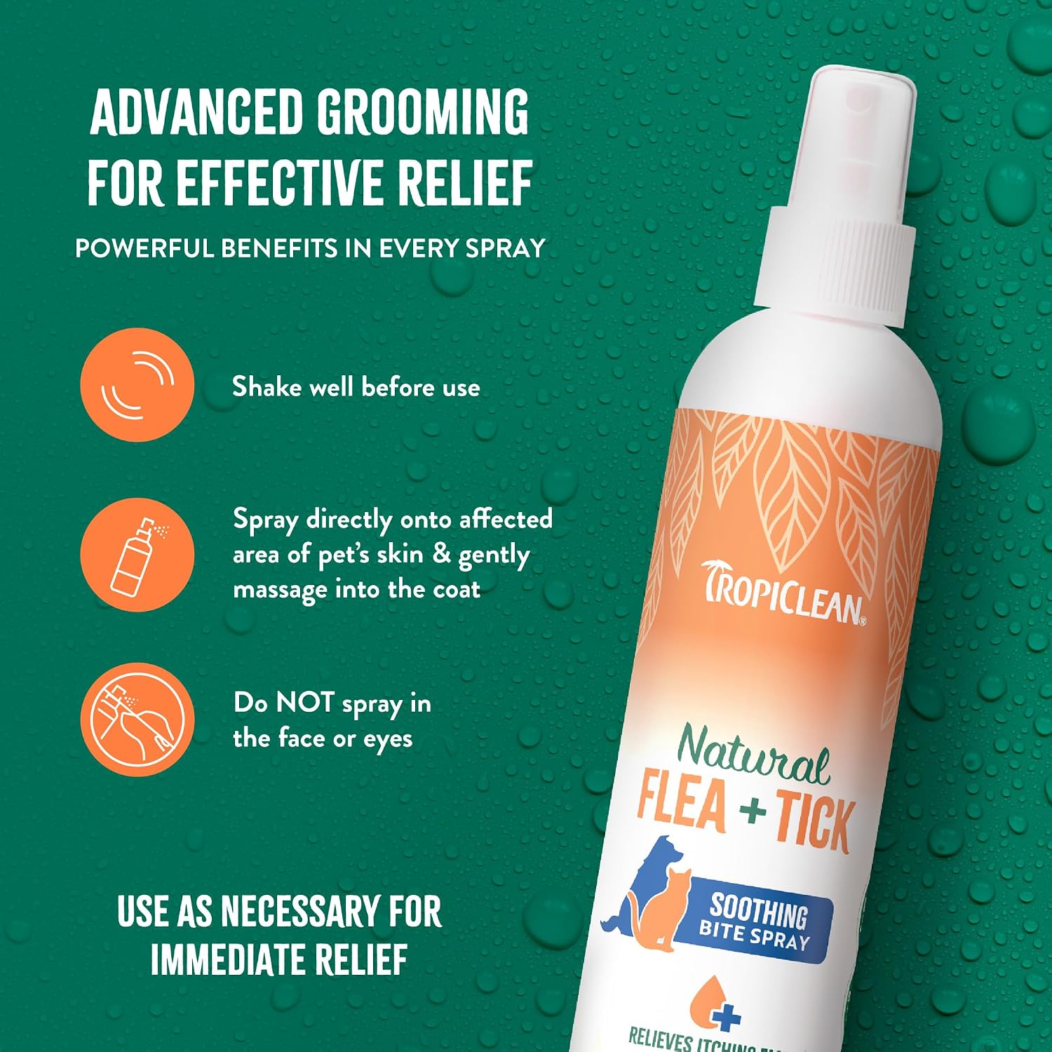 TropiClean Flea and Tick Bite Relief Treatment Spray for Dogs & Cats, 8oz | Advanced Care Itch Relief | Flea & Tick Bite Treatment | Made in USA
