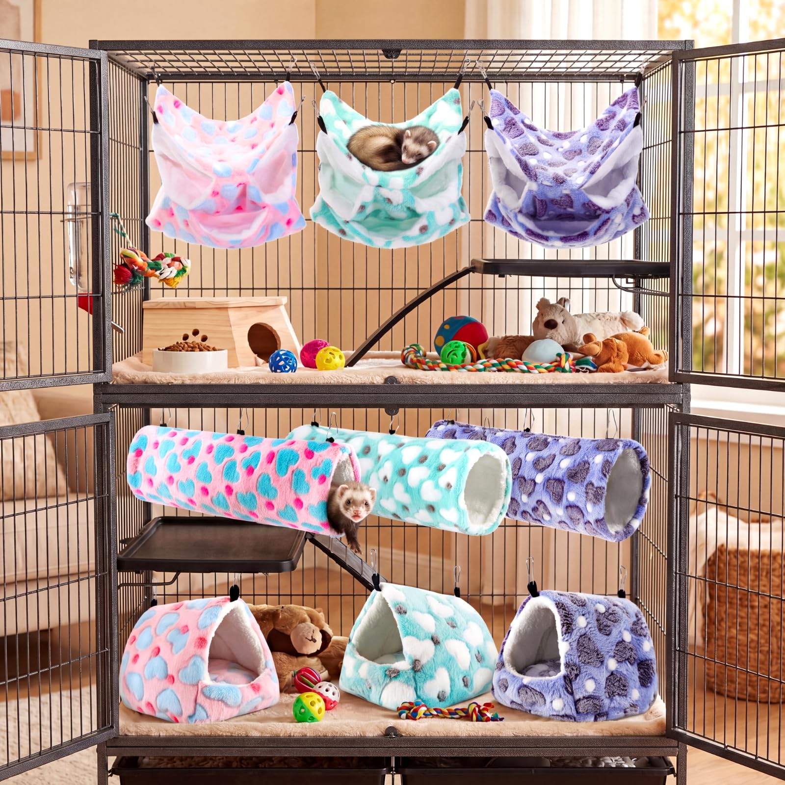 Abbylike Set di 9 amache calde per topi e piccoli animali, tunnel da appendere, giocattolo per porcellini d'India, furetti, criceti, gabbie, accessori per furetti, cincillà, amaca, dormienti,