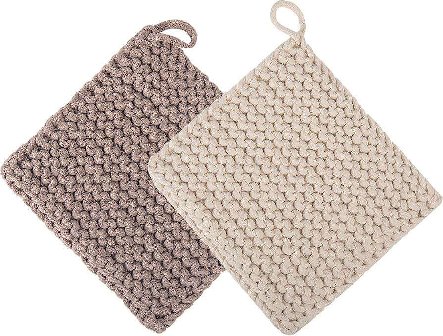Eiyye Thick Crocheted Pot Holders, Handmade Hot Pads Crocheted Trivets for Kitchen hot Dishes(2-Pack), 8"x8" (White and Taupe)