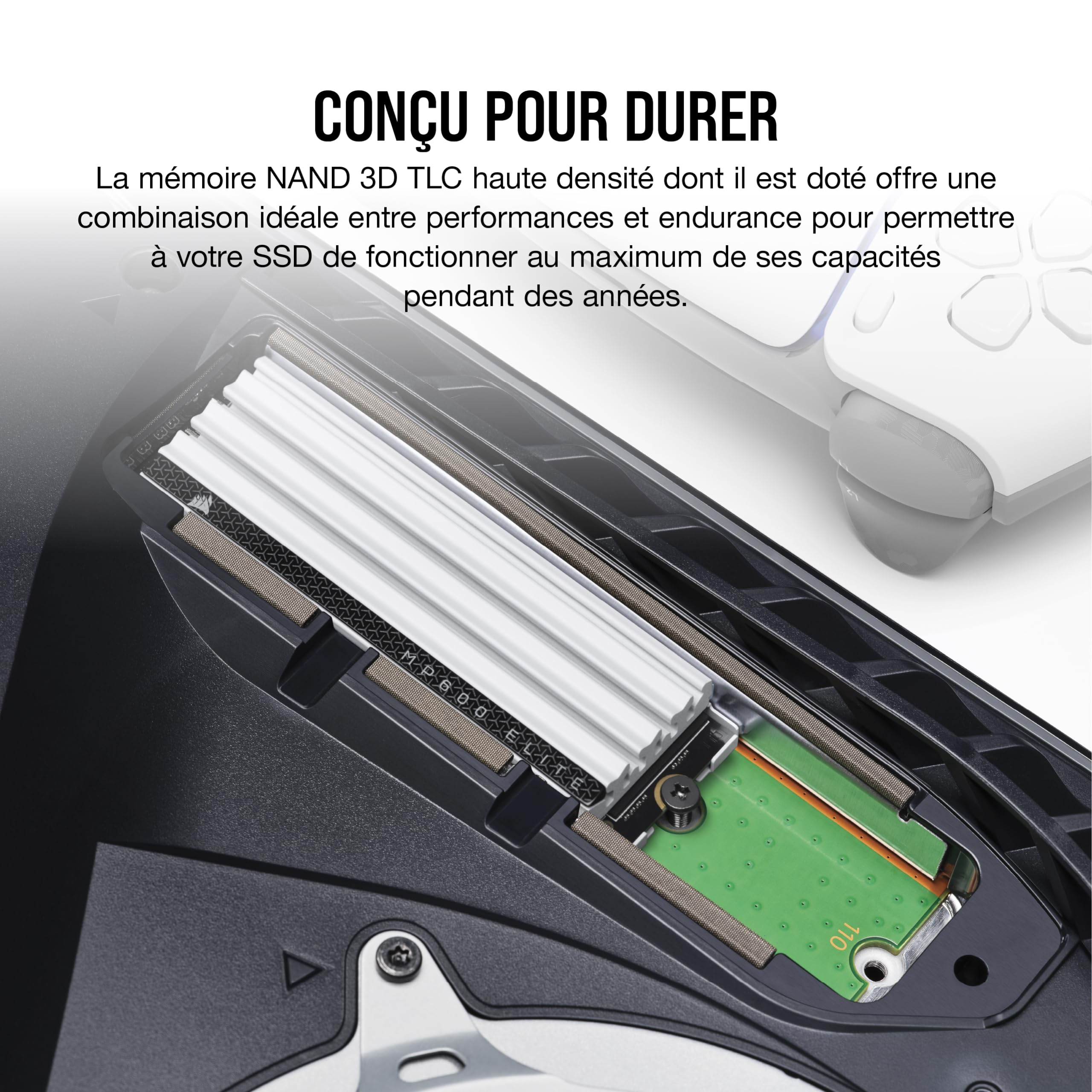 Corsair MP600 Elite 2 to M.2 PCIe Gen4 x4 NVMe SSD - Optimisé pour PS5 - Dissipateur Thermique Inclus - M.2 2280 - Lecture Séquentielle Jusqu'à 7 000 Mo/s - 3D TLC NAND Haute Densité - Blanc