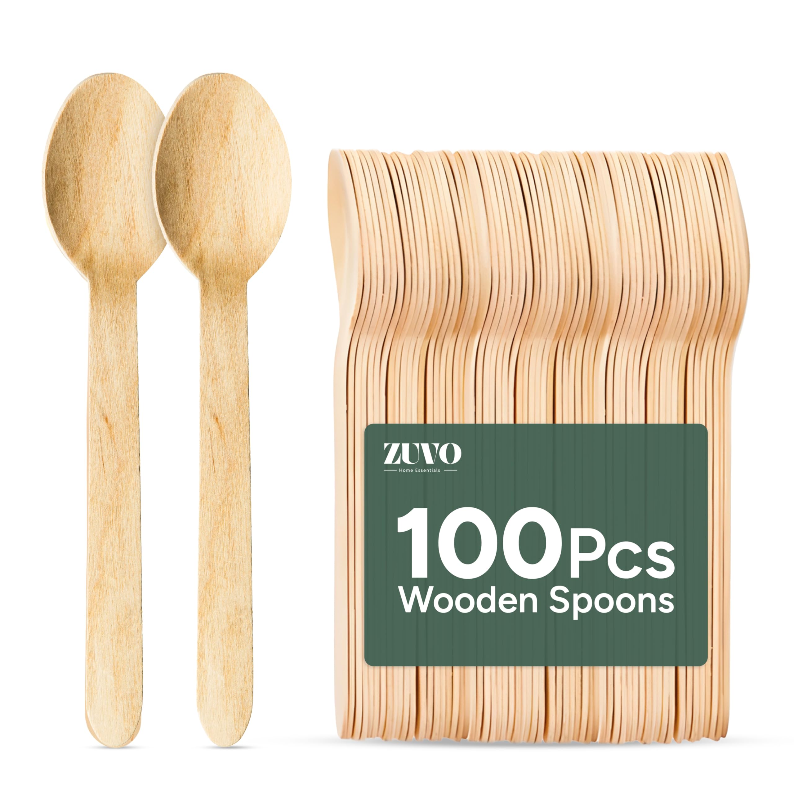 Zuvo Disposable Wooden Spoons (Pack of 100) – Eco-Friendly, Biodegradable Birchwood Cutlery for Parties, Picnics, and Catering – Sturdy and Compostable, Brown