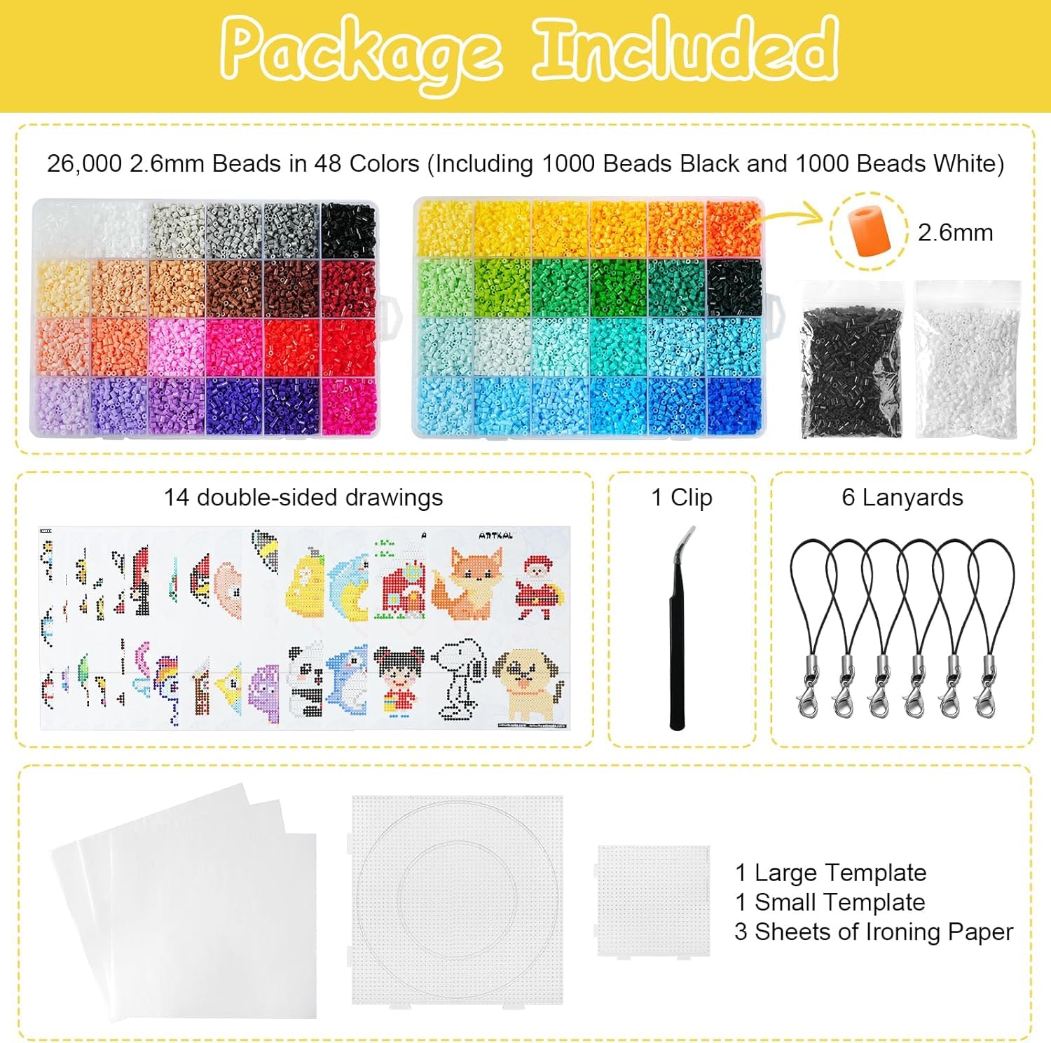 AUAUY Perline da Stirare, 26000Pz 2.6mm Piccole Dimensioni Perline a Fusione, DIY Perline Artigianali, con 14 Carte con Motivo, Tavole Forate, Pinzette, Carta da Stiro, Set Gioco Natalizio-48 Colori