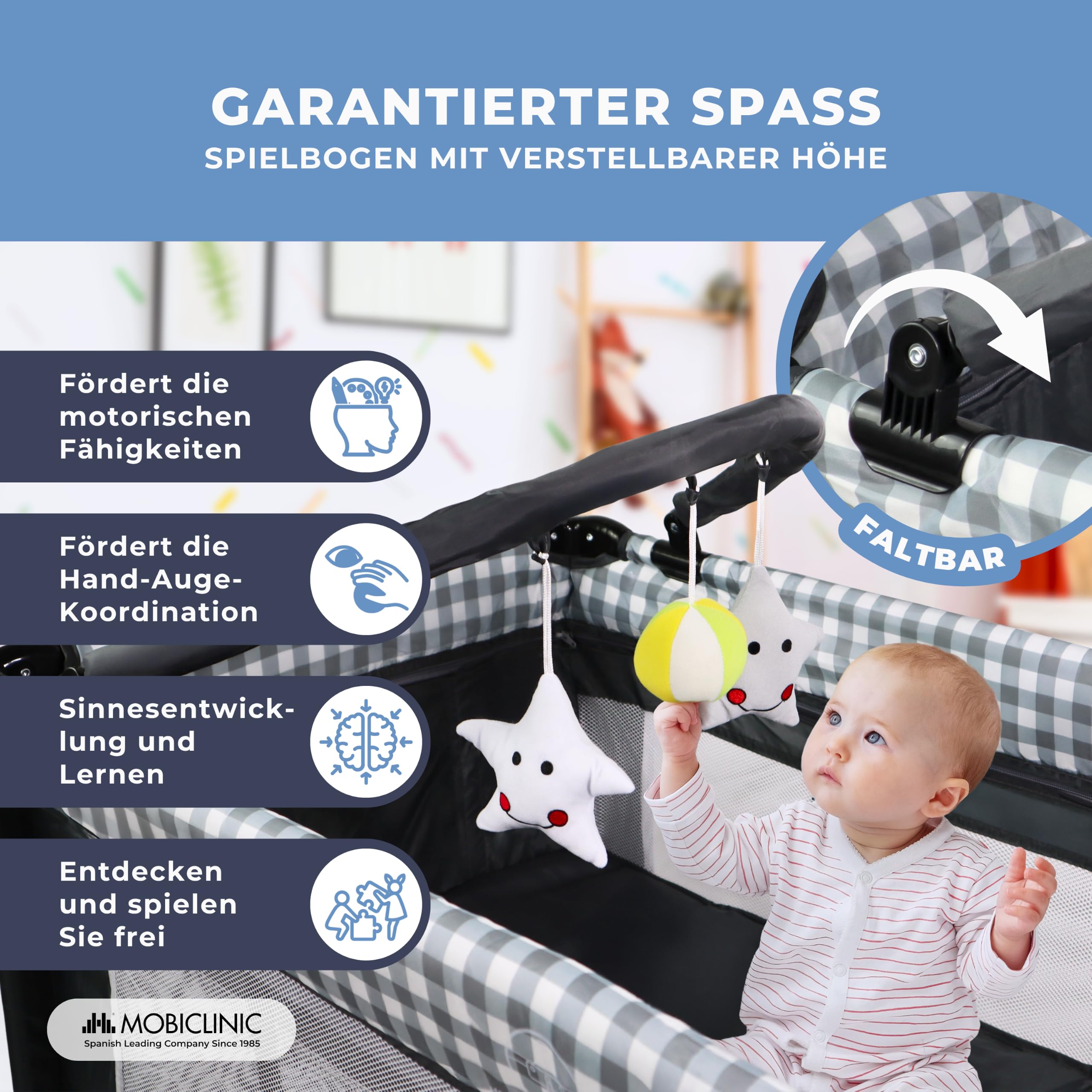 Mobiclinic®, Babybett beistellbett 3 in 1, Wickeltisch, Laufstall, Luftige seitenwände mit seiteneingang, Caelum, Max. 15 kg, Räder Bremse, Atmungsaktiver Stoff, Aufbewahrungstasche