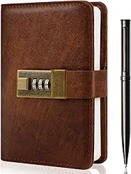 WEMATE Diário com cadeado, diário com cadeado 192 páginas, caderno com senha, caneta e caixa de presente - perfeito para homens e mulheres - 11 x 15,7 cm marrom mantenha seus segredos seguros