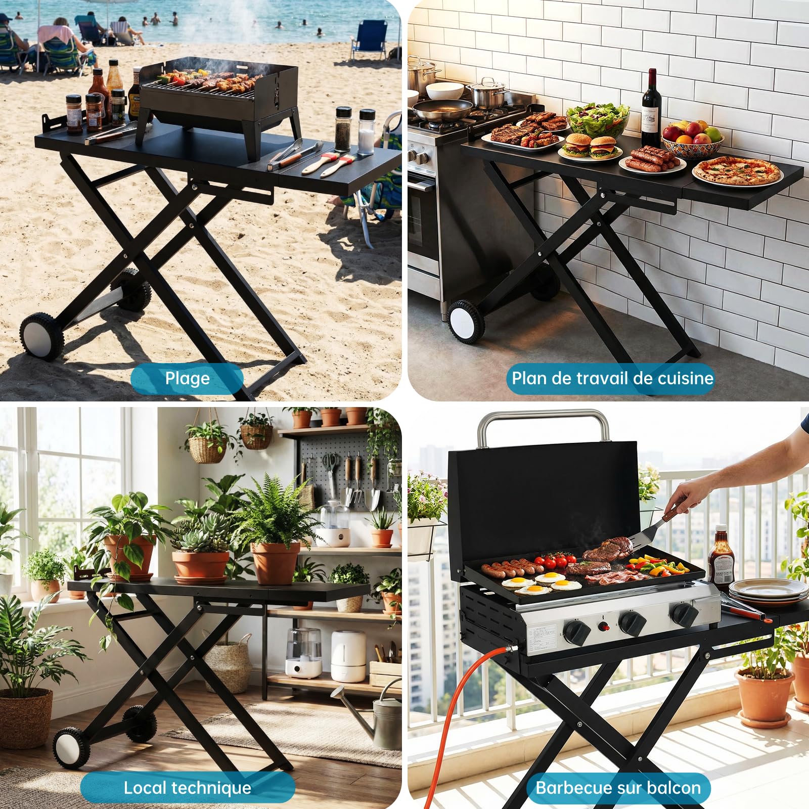 LIFERUN Chariot de Barbecue Pliable avec 2 Roues,Table Pliante Portable avec Tablette Latérale Amovible,Support Stable de Cuisson d'Extérieur pour Plancha,pour Camping,Jardin,Terrasse,102x39cm,Noir