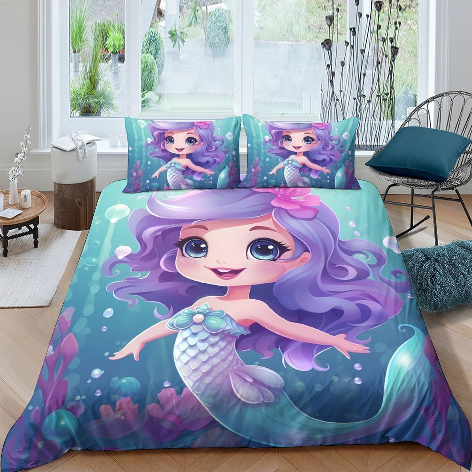 Ctjqhvkz Style-4 3D Printed Mermaid Fantasy Fitted Sheet Microfiber Soft Blue Purple Ocean Bed Cover For Bedroom Dorm Decor Single（135X200cm）
