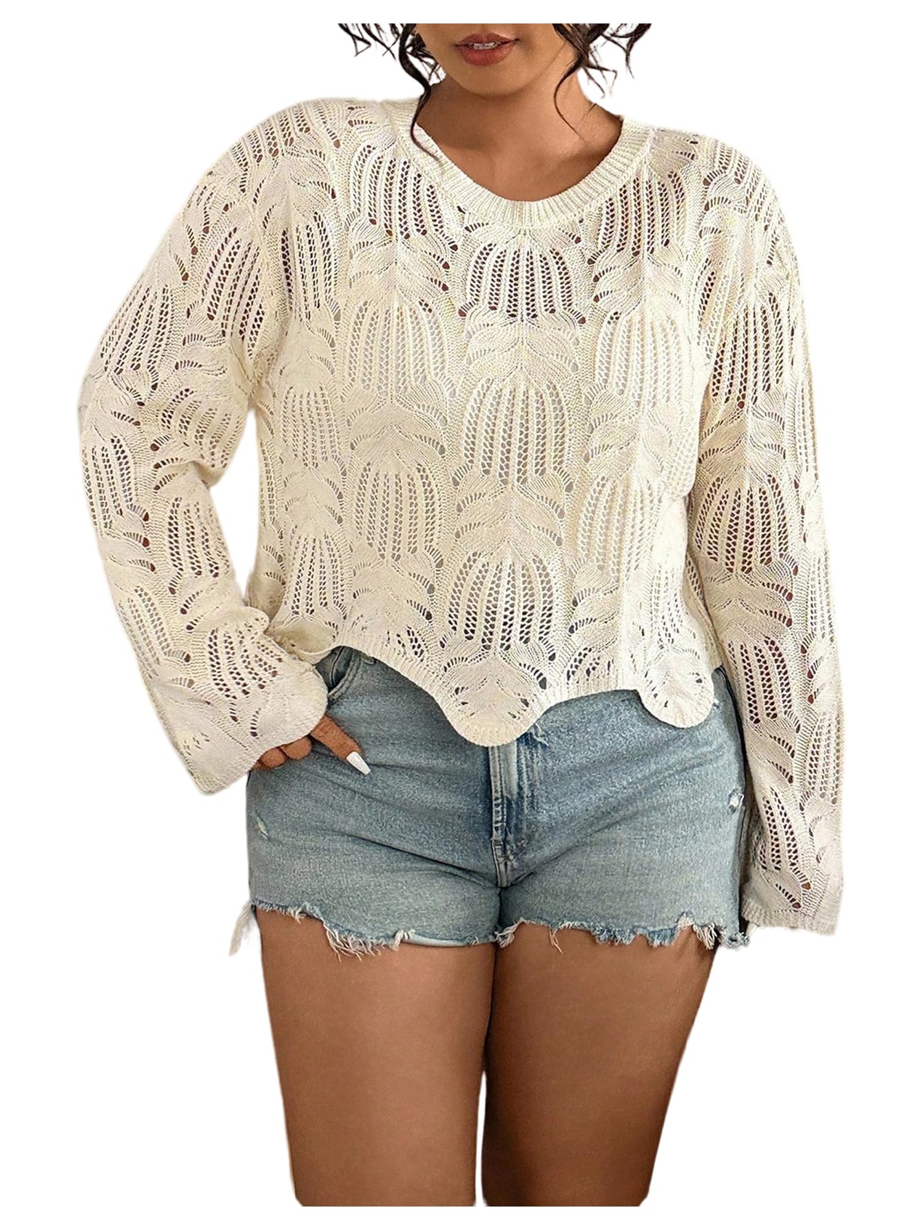 Womens Plus Size Crochet Hollow Out Crop Sweater Crew Neck Bell Long Sleeve Pullover Knit Tops