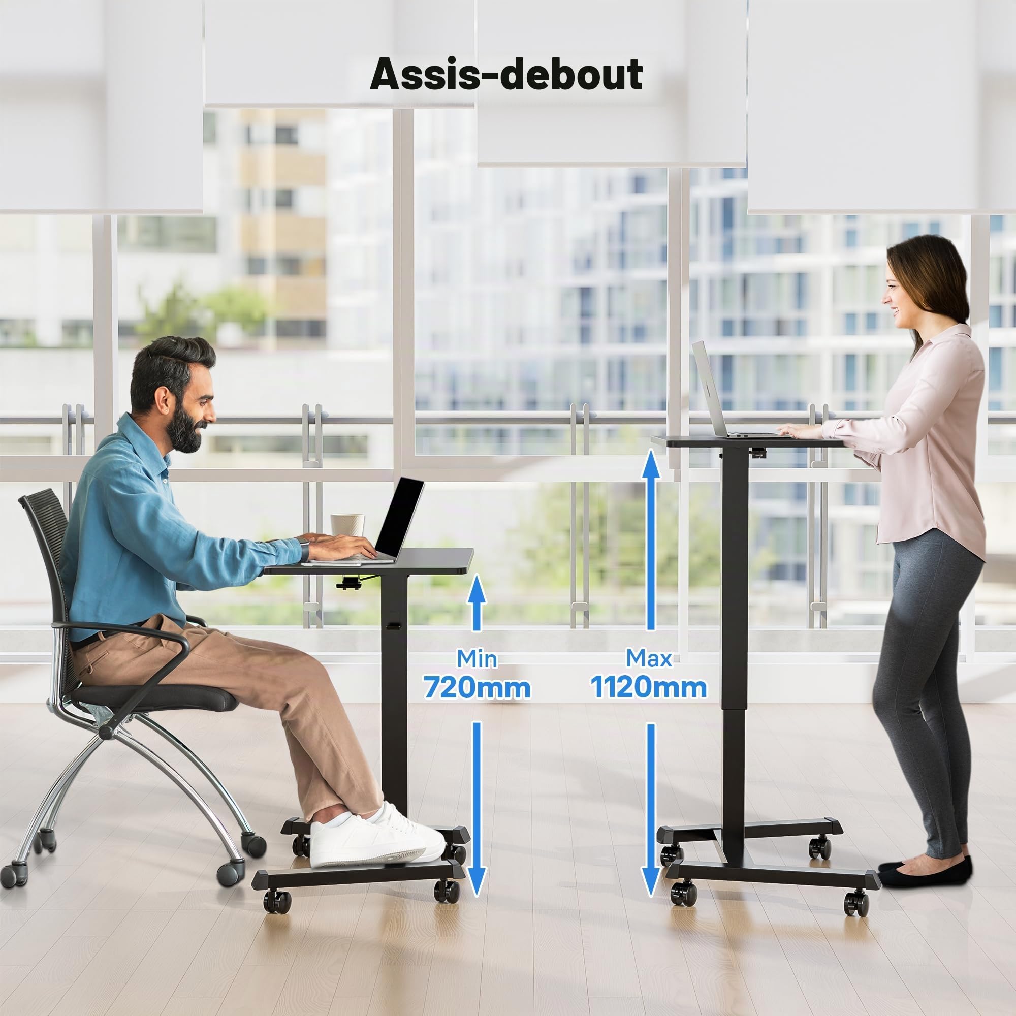 BONTEC Bureau Mobile Réglable en Hauteur, 65 × 45 cm, Table de Lit avec roulettes Verrouillables, Poste de Travail Assis-Debout pour Salon, Chambre, Bureau, Charge Maximale 15 kg, Noir