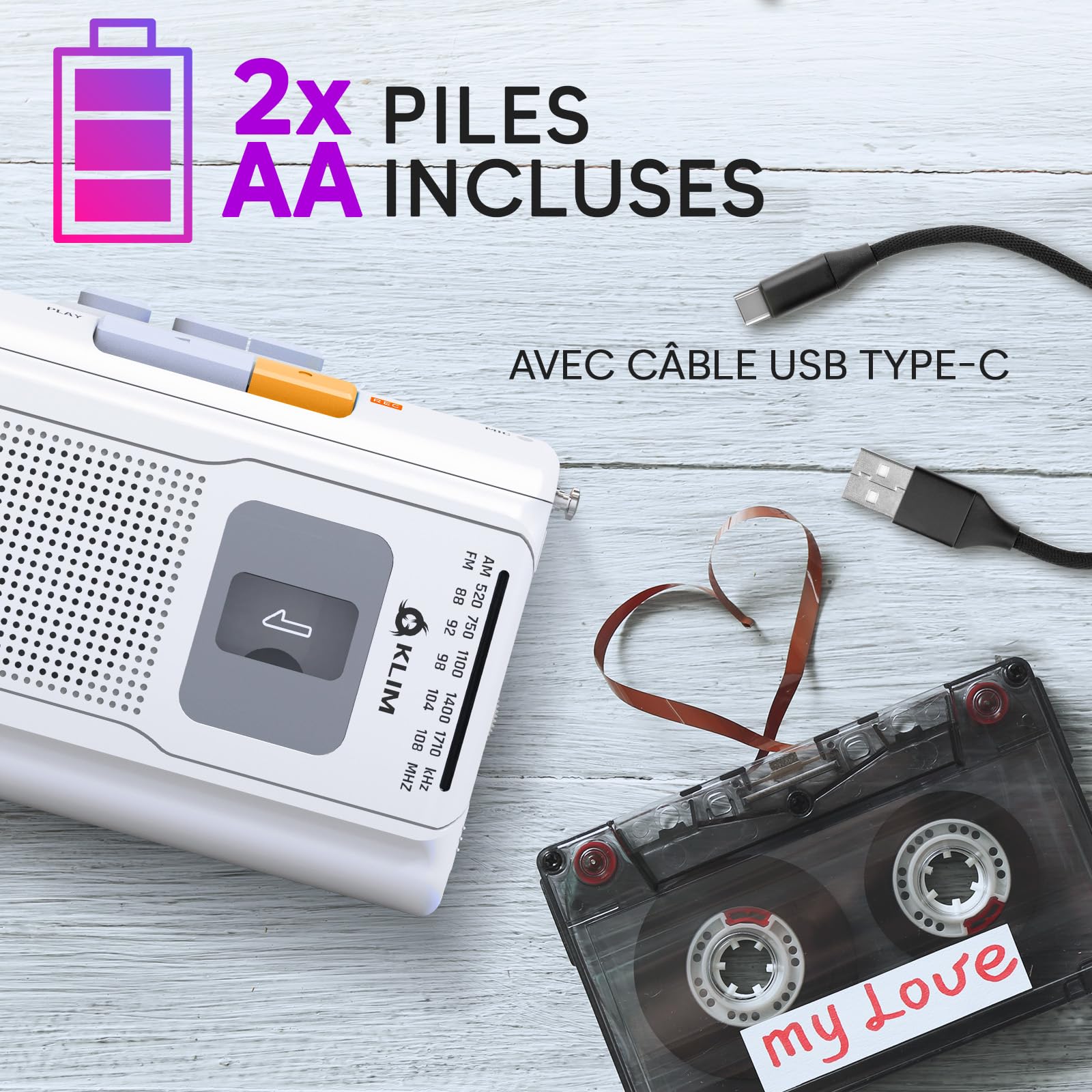 KLIM K8 Lecteur Cassette Audio - Enregistreur Cassette - Nouveau Player - Radio AM/FM - Microphone et Haut-Parleur Intégrés - Prise Casque et Écouteurs - Blanc