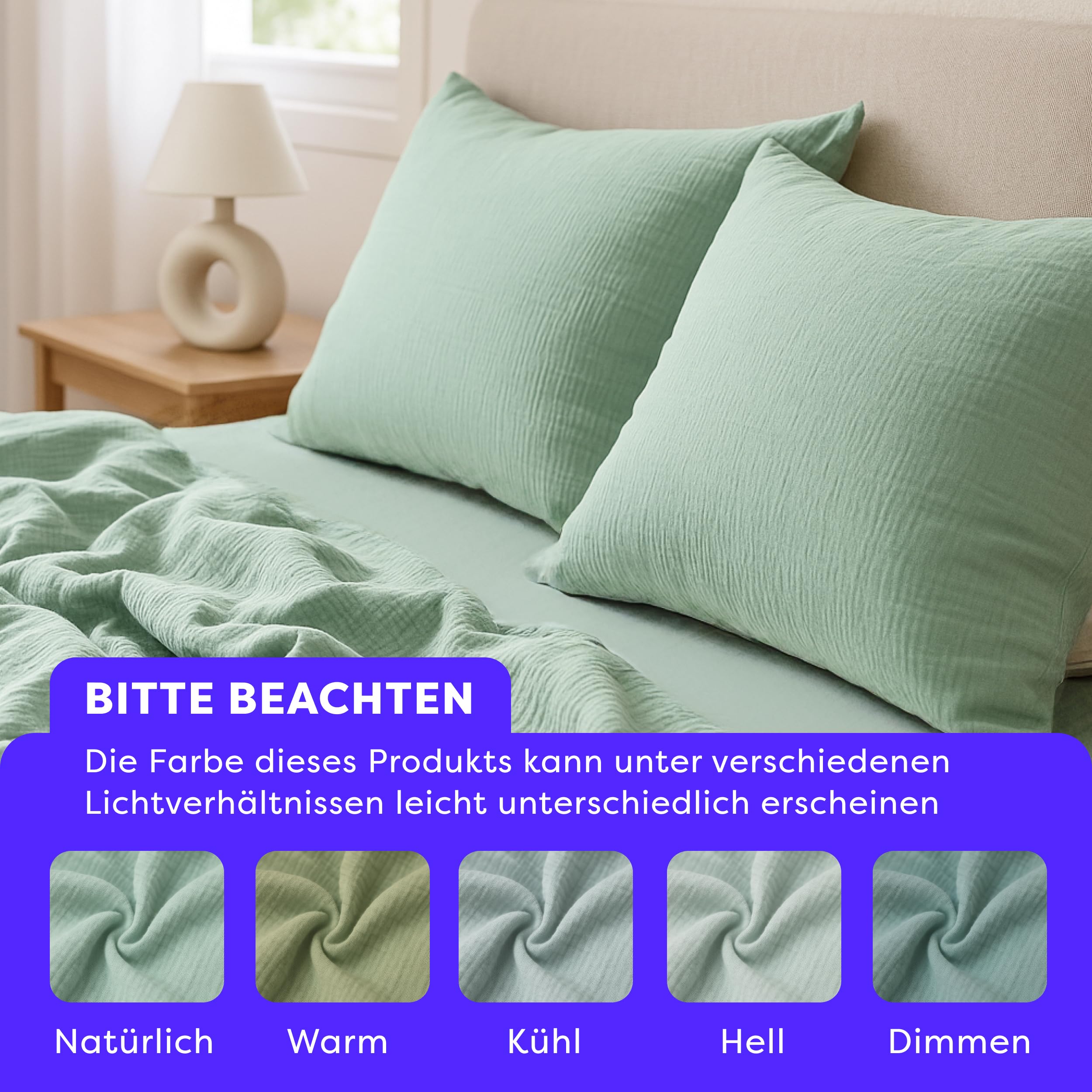 Wolkenfeld Premium Musselin Bettwäsche 135x200 mit Reißverschluss – Aus 100 % Baumwolle – Atmungsaktiv & Weich – Bettwäsche Musselin mit 80x80 Kissenbezug Grün