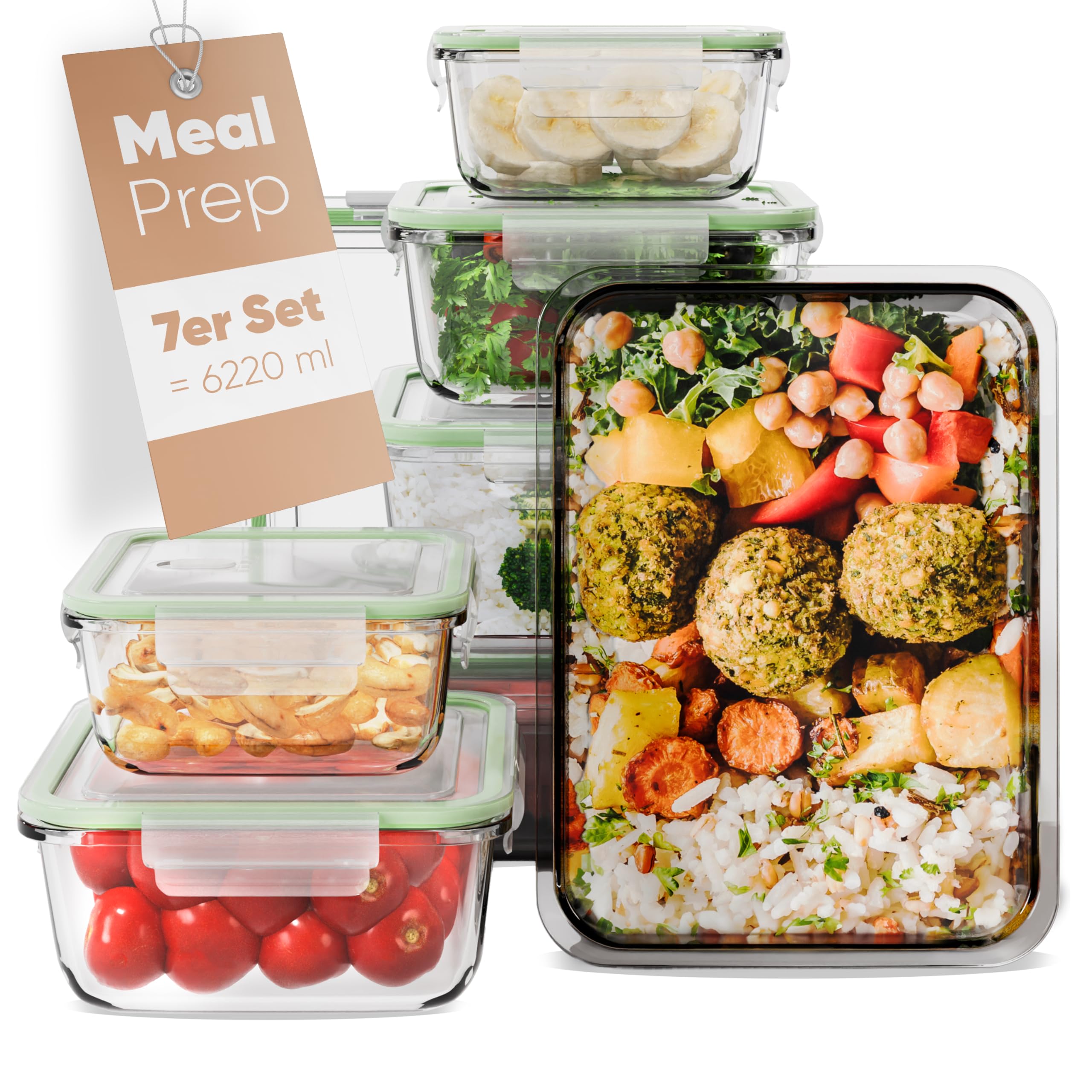 Set de 7 recipientes de vidrio con tapa, aptos para microondas, lavavajillas y congelador. Ideal para preparar y almacenar alimentos en la cocina | C-FHD 4010 G