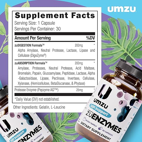 Miniatura 4 de UMZU zuEnzymes Suplemento de apoyo digestivo – Suministro para 30 días – Mezcla de 21 enzimas con lipasa, proteasa y amilasa – Apoya la digestión,