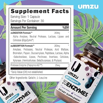 UMZU zuEnzymes Digestive Enzyme Supplement, 30 Day Supply | 21 Enzyme Blend, Lipase, Protease and Amylase, Supports Digestion, Gut Health, Nutrient Breakdown and Digestive Wellness