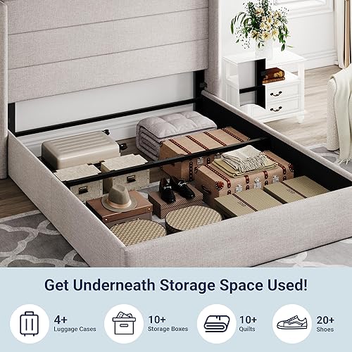 Miniatura 5 de Allewie Cama de almacenamiento elevable tamaño Queen, cabecera moderna con respaldo alado, soporte hidráulico, no necesita somier, color beige claro