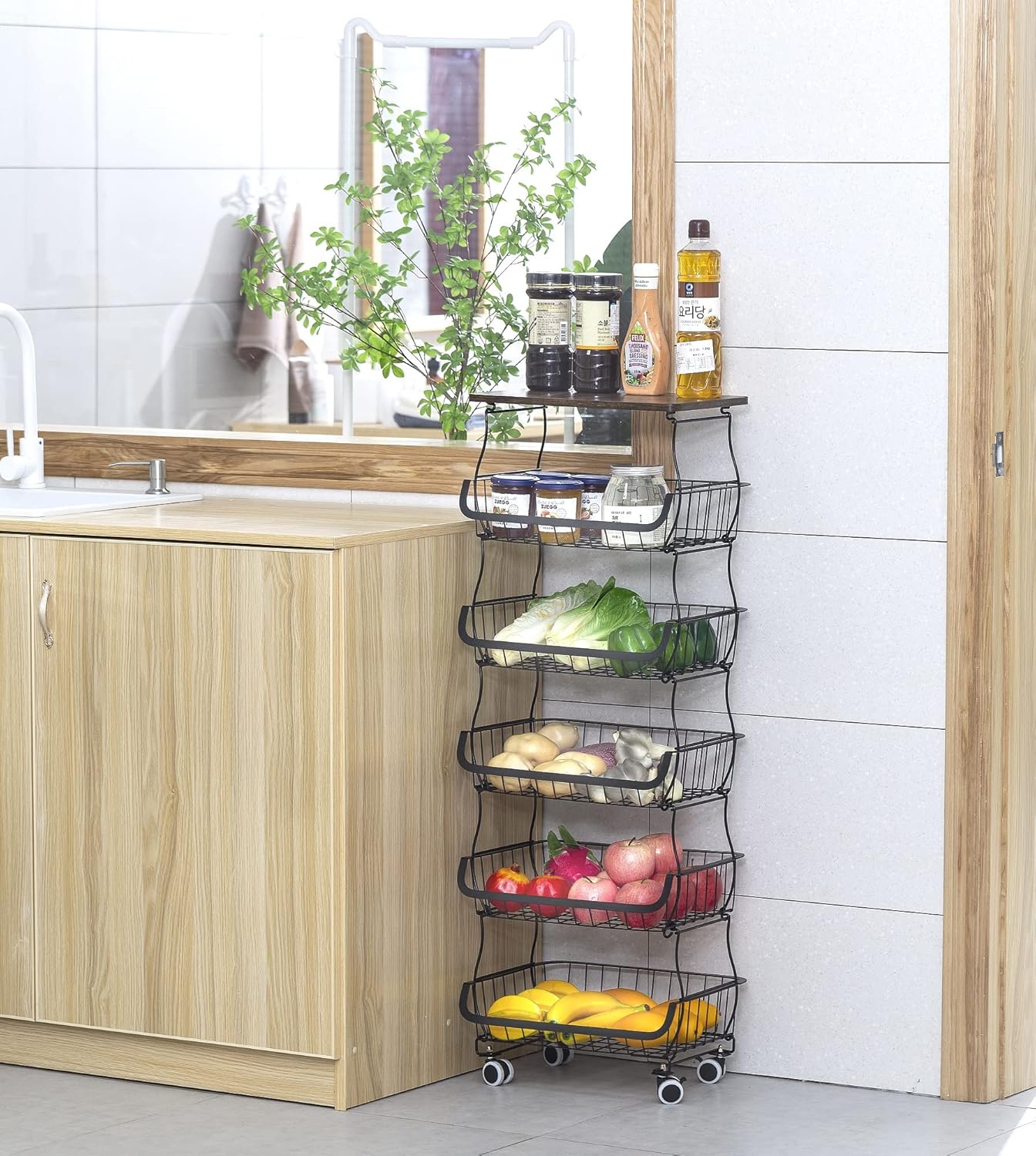 6 Tier Rolling Vegetable Cart Fruit Organizer Stand Stackable Wire Basket Stand Storage Utility Metal Cart with Wheels for Kitchen Bathroom Living Room Bedroom Laundry Room Office (With Tabletop)