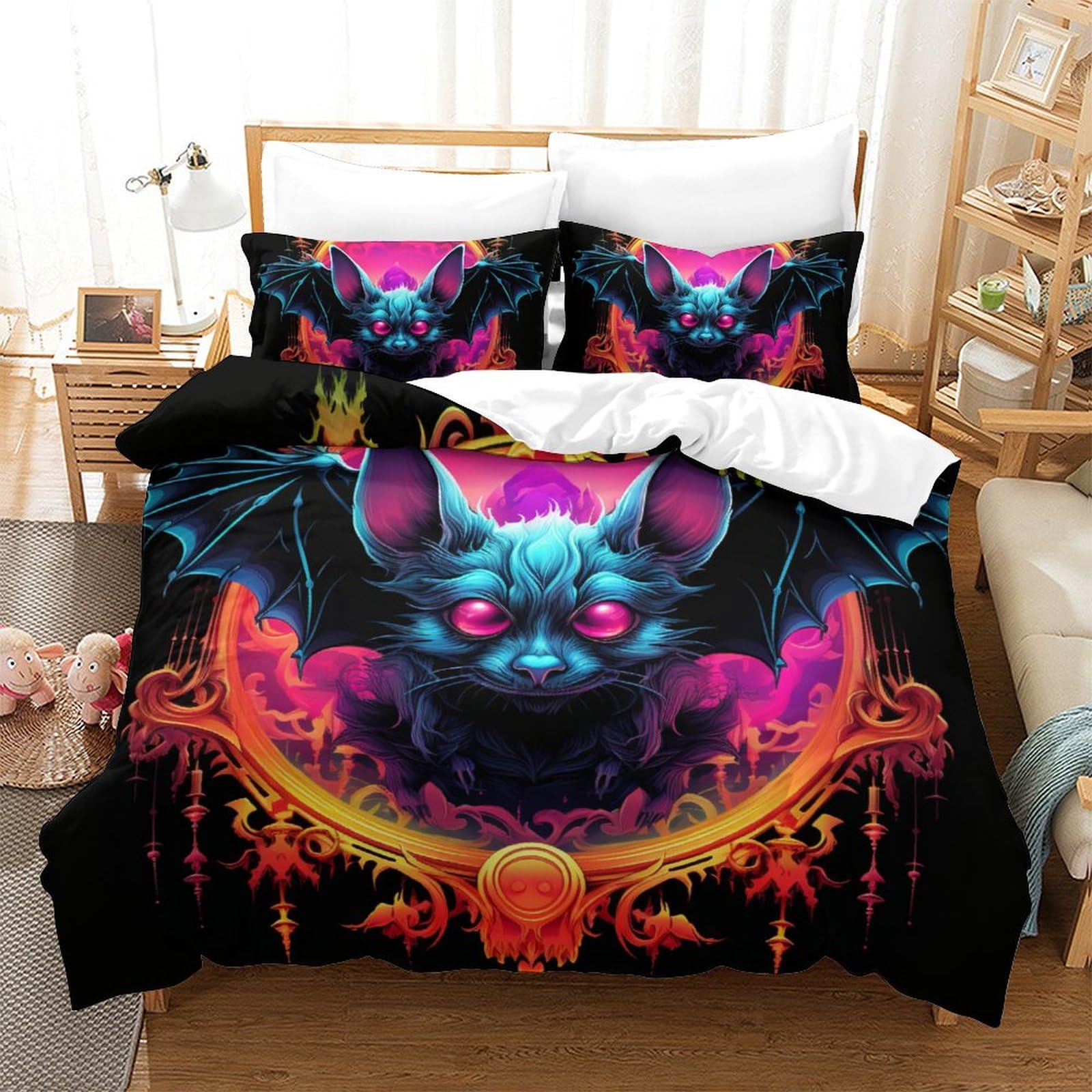 Housse de couette chauve-souris 3D 200x200cm en microfibre avec ses deux taies d'oreiller pour lit double