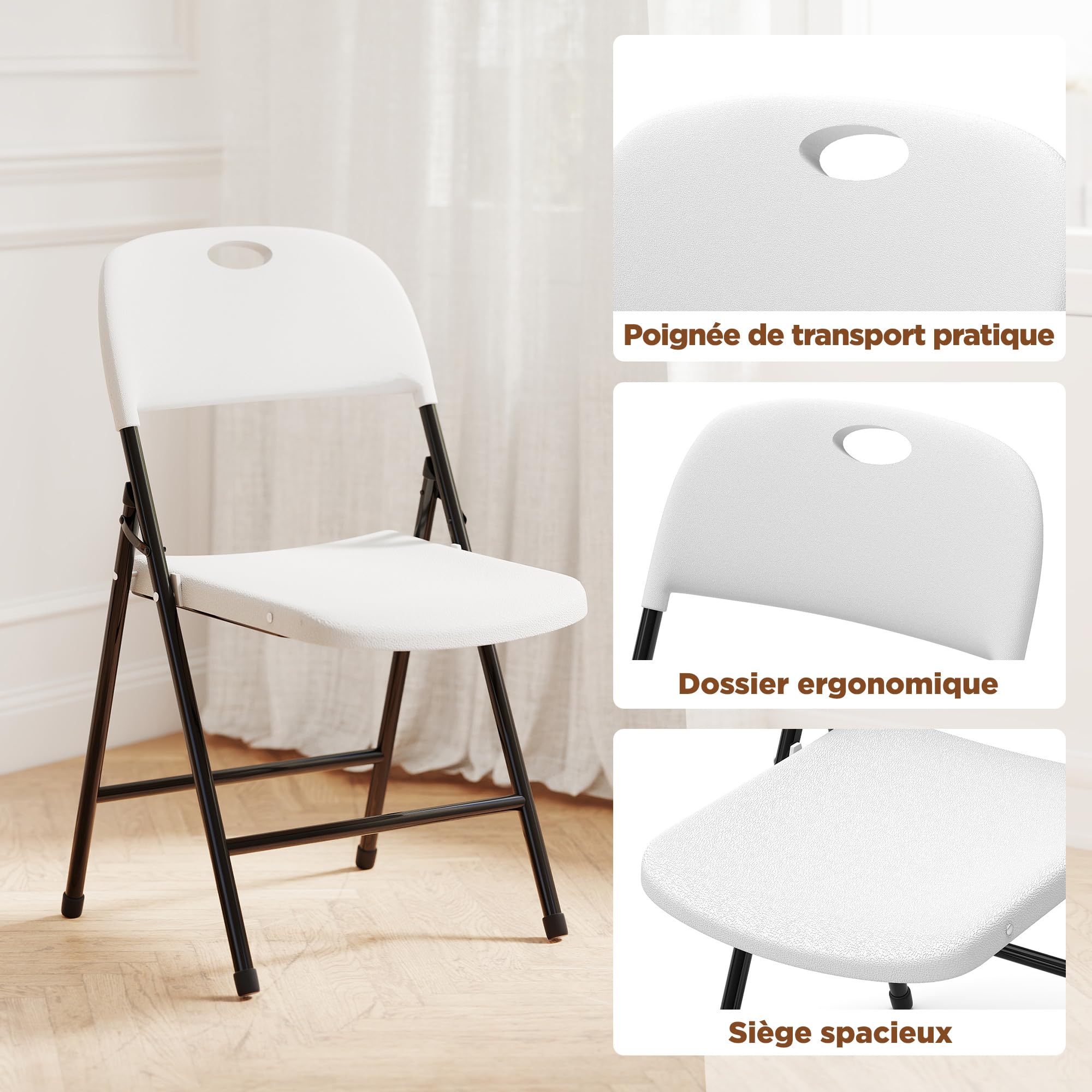 Lot de 4 chaises Pliantes, Robustes, avec Grand Dossier, supportant jusqu'à 650 kg, adaptées à Une Utilisation intérieure et extérieure, notamment pour Les Mariages,Classique Blanc