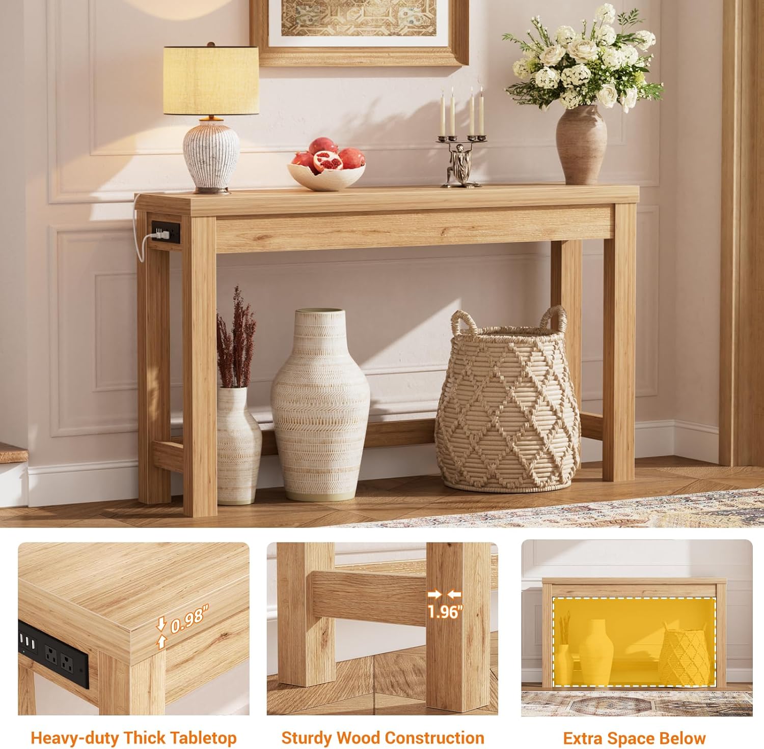 Cyclysio 47" Console Tables for Entryway, Narrow Console Tables for Living Room, Behind Couch Table, Sturdy Wood Support Hallway Table with 3AC+2USB Charging‌ Station, Natural Oak