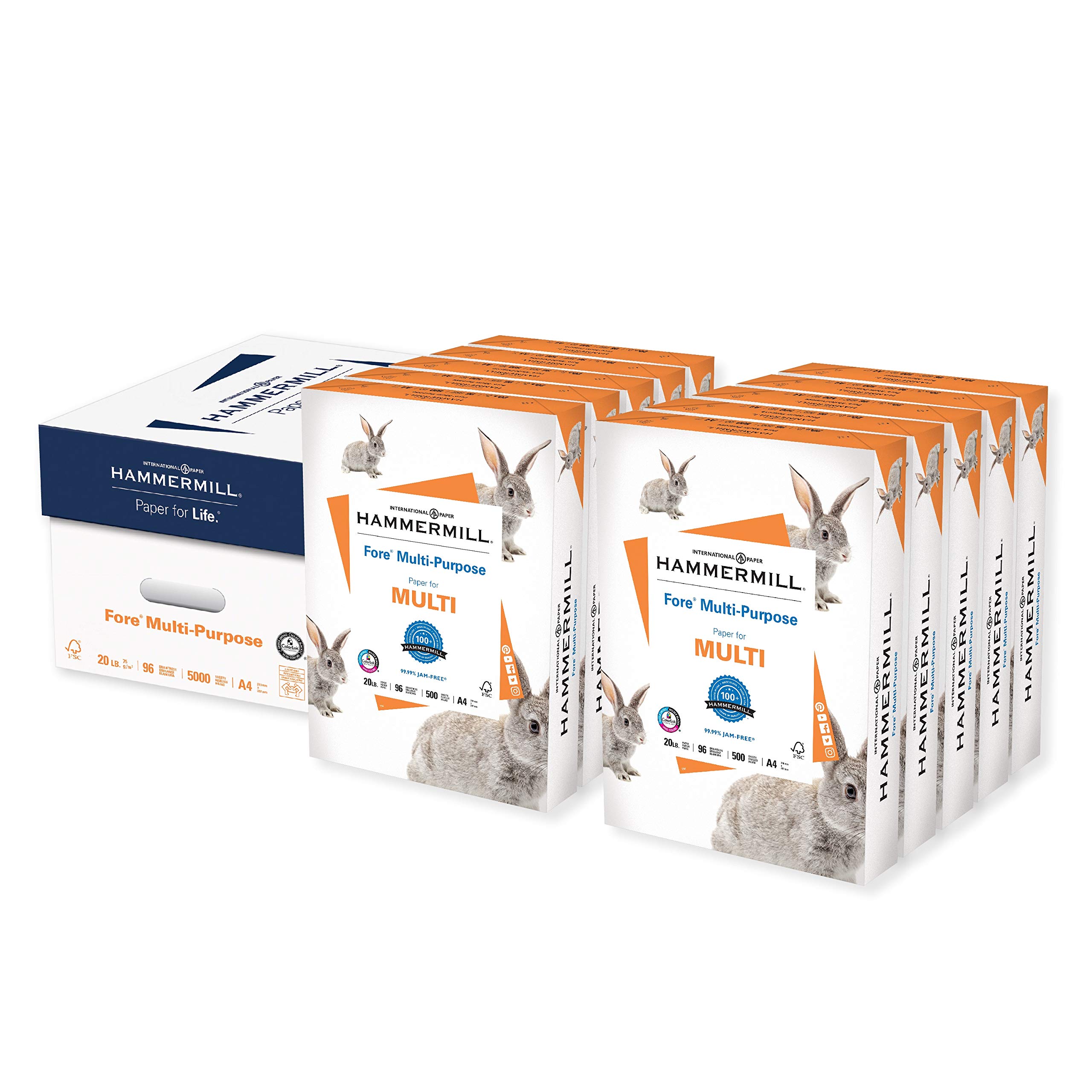 Hammermill A4 Paper, Fore Multipurpose 20 lb Printer Paper - 10 Ream (5,000 Sheets) - 96 Bright, Mad