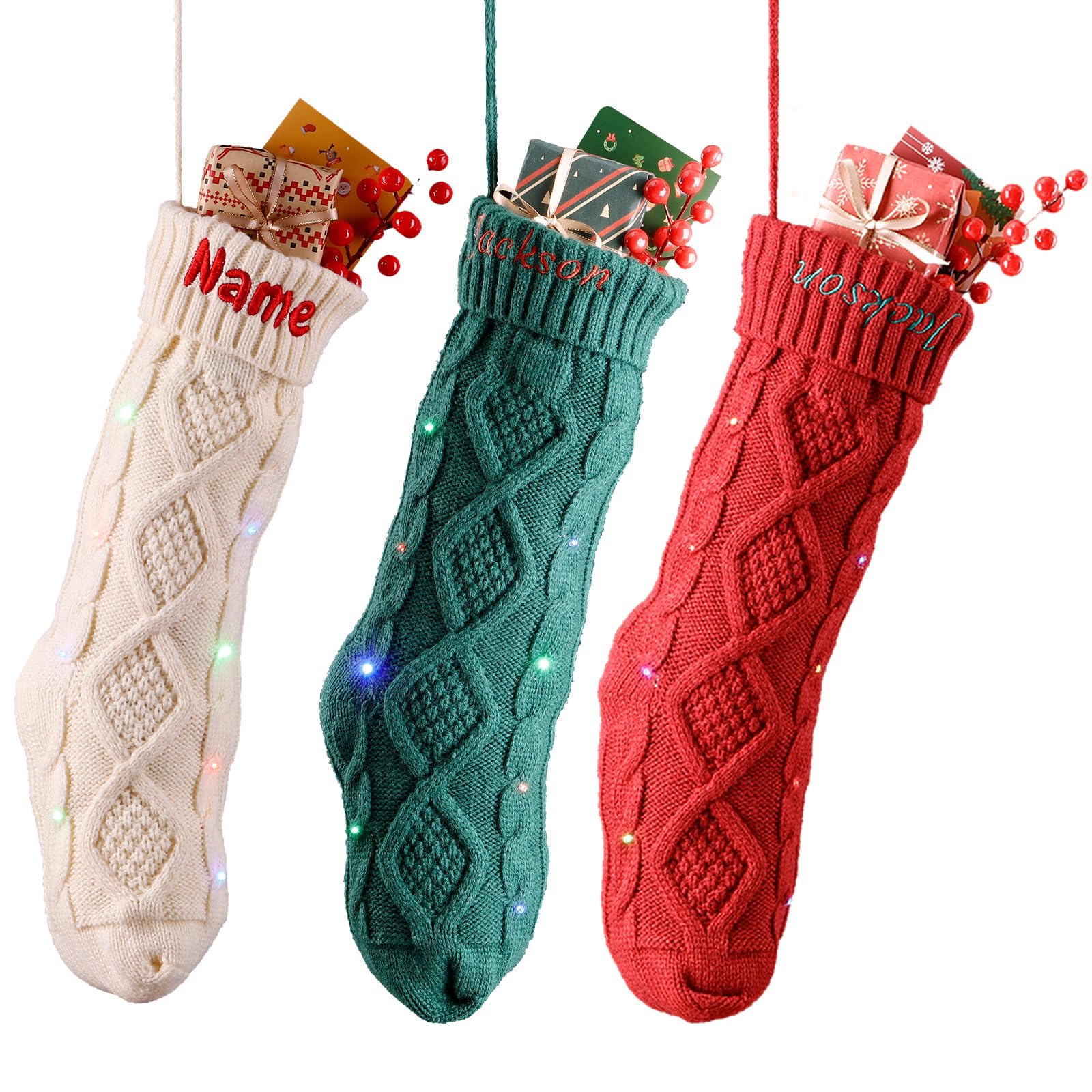 Bemaystar Personalized Christmas Stockings with Lights - Custom Name Knitted Stocking,Large 18” Embroidered Stockings Customized,Fireplace Xmas