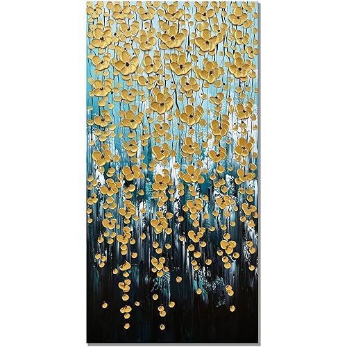 zoinart 3D Modern Oil Paintings on Canvas 24x48 Inches Hand Painted Abstract Gold Flower Paintings Floral Artwork Texture Vertical Canvas Wall Art Contemporary Art