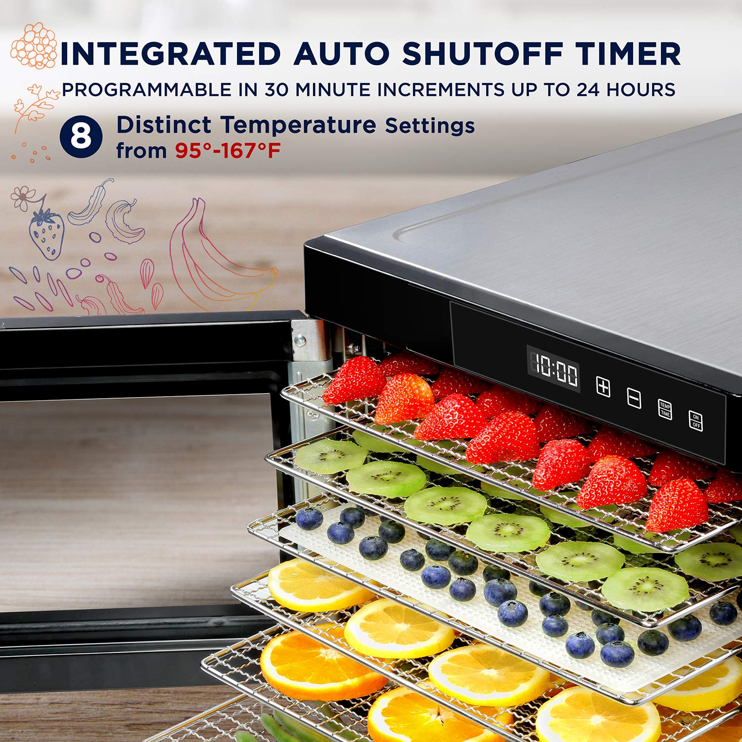 Ivation - Máquina deshidratadora de alimentos comercial de 6 bandejas | 600 W, fácil instalación, temporizador digital ajustable y control de temperatura | Secadora para ceca, hierbas, carne, carne de