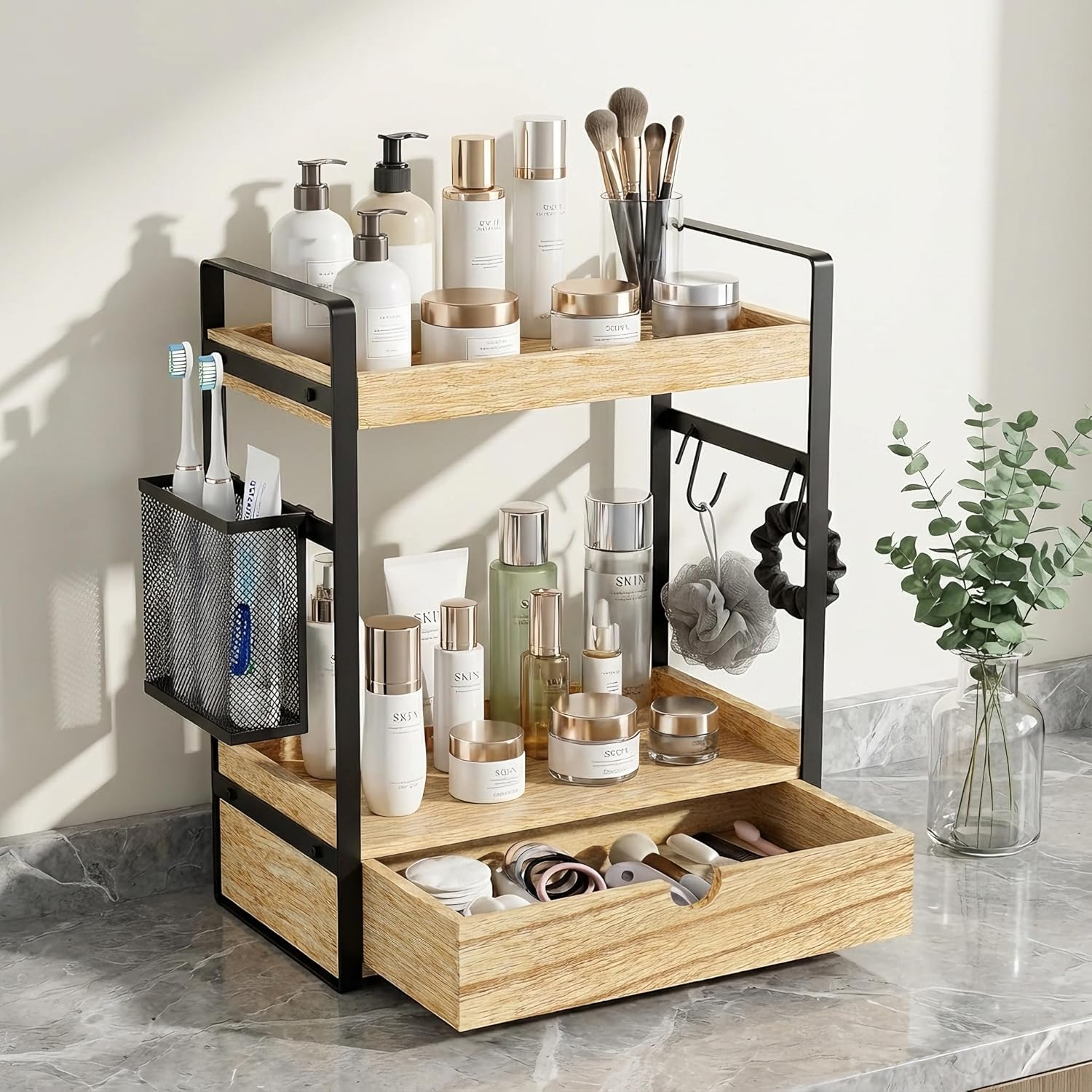 2-Tier Bathroom Counter Organizer with Drawer Basket and Hooks, Wood Bathroom Organizers and Storage for countertop, Farmhouse Brown Countertop Organizer, Counter Shelf for Vanity, Kitchen, Office