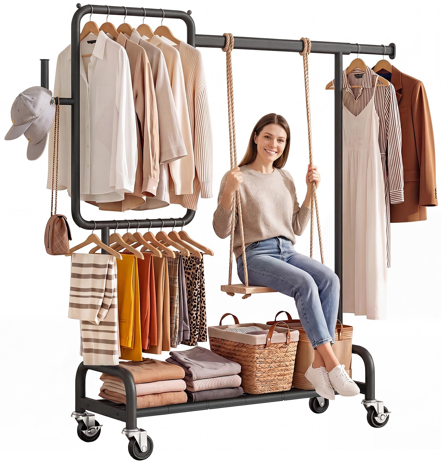 SOLEDI Heavy Duty Clothes Rail Max Load 272KG Metal Clothing Rail with Shelves & Lockable Wheels, Portable Open Wardrobe Extendable Coat Stand, Zoned Hanging Rack for Bedroom, Laundry, Utility, Black