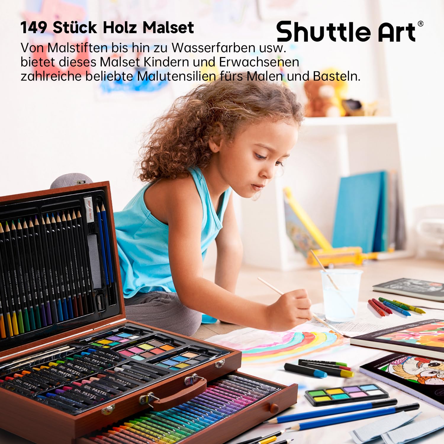 Shuttle Art 149 teiliges Malset, Deluxe Malkoffer mit Buntstift, Ölpastellkreide, Aquarellfarben, Wachsmalstifte, Malbuch, Aquarellblock, Holzkoffer, Künstlerkoffer, Malset für Kinder und Erwachsene