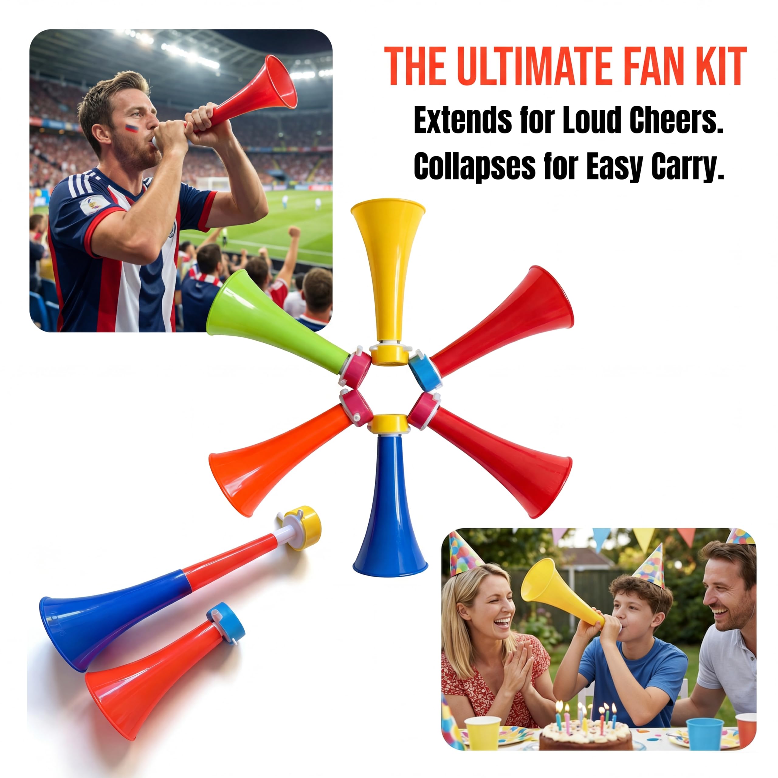 Lot de 6 klaxons de stade extensibles Vuvuzela, 27,9 cm, grand fabricant de bruit pour ventilateurs, klaxon de soufflage en plastique pour hayon, fournitures de fête et accessoires