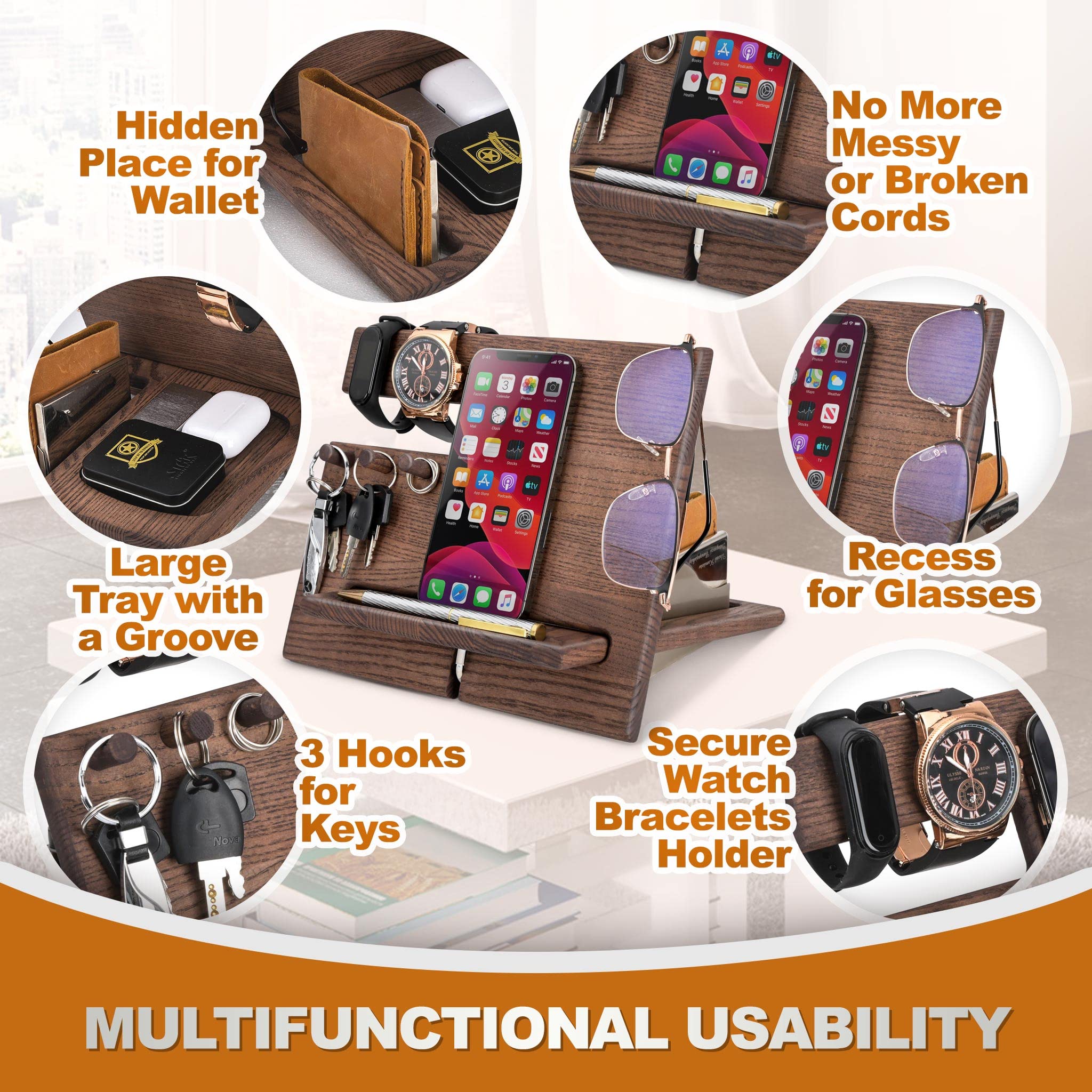 Organisateur De Bureau En Bois Massif - Support Téléphone, Montre, Monnaie - Cadeau Homme élégant (Wengé) - 6