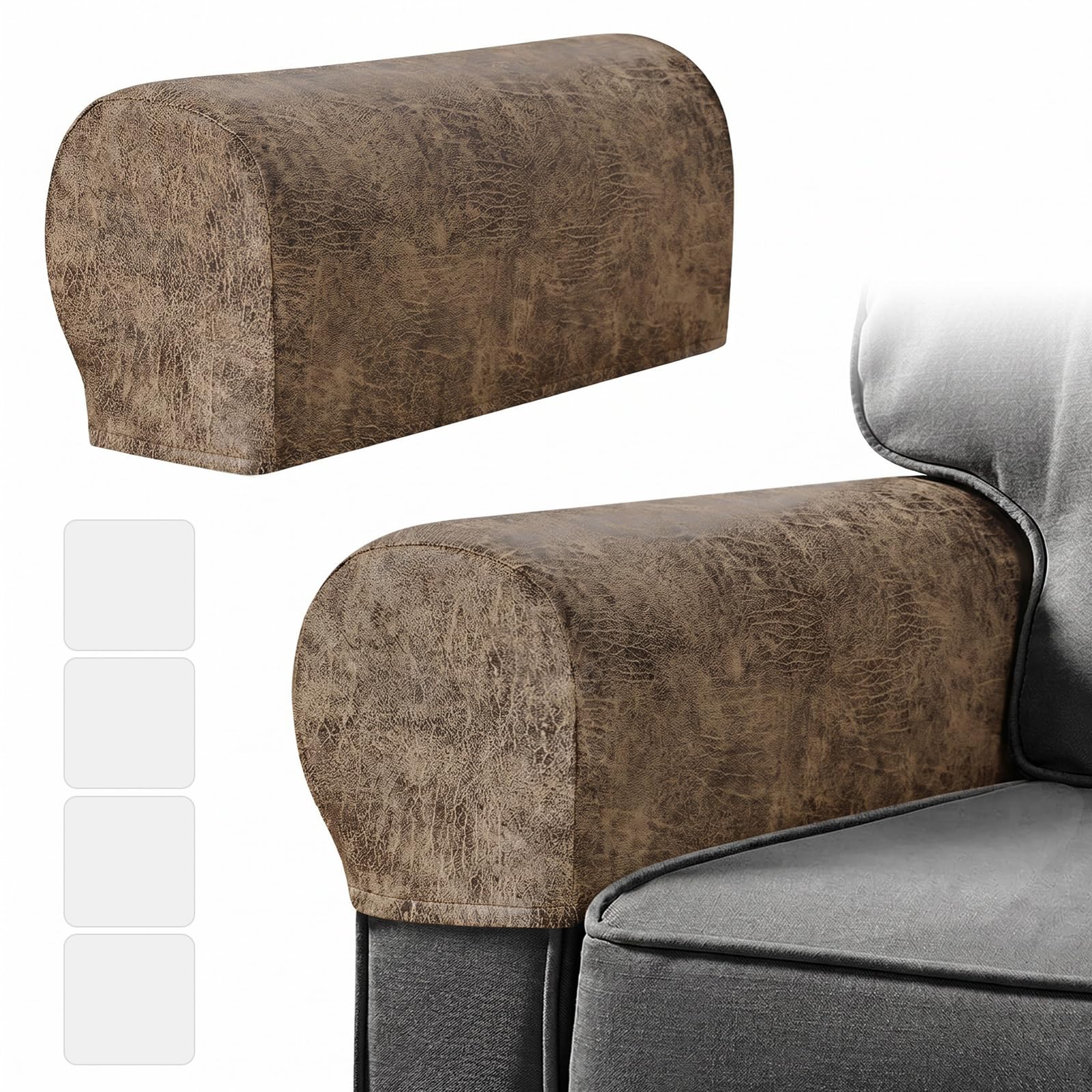 Stretchy Armchair Covers for Arms -Set of 2 Waterproof PU Leather Sofa Arm Covers for Chairs Couch Recliner - Universal Anti Slip Armrest Protectors with 4 Adhesive Patches for Furniture Protection
