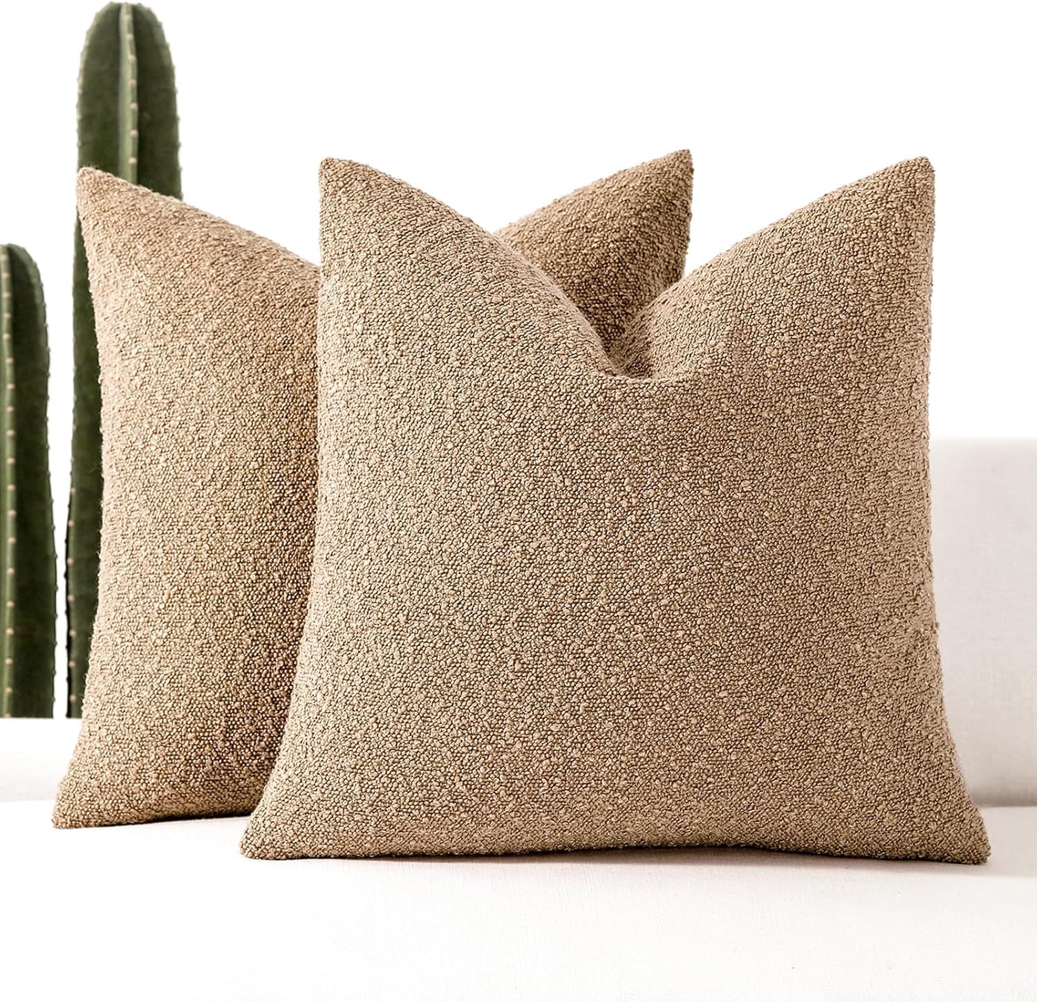 Set of 2 Boucle Decorative Throw Couch Pillow Covers-Soft Solid Textured Square Cushion Covers for Sofa Living Room Bedroom Home Decor (Camel,18" x 18")
