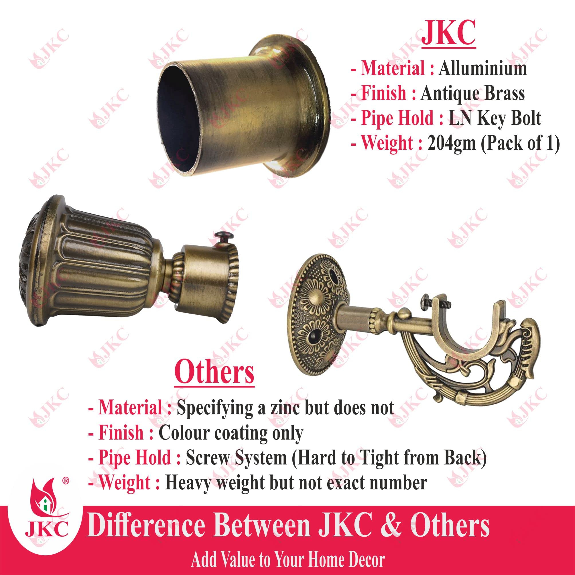JKC Royal Golden Zinc Alloy Curtain Bracket and Holder Set - Perfect for 1 Inch Curtain Rods and Home Decor - Includes 1 Bracket, 1 Holder and 1 Wall to Wall | Support - 1 Pcs & Wall to Wall - 1 Pcs 2