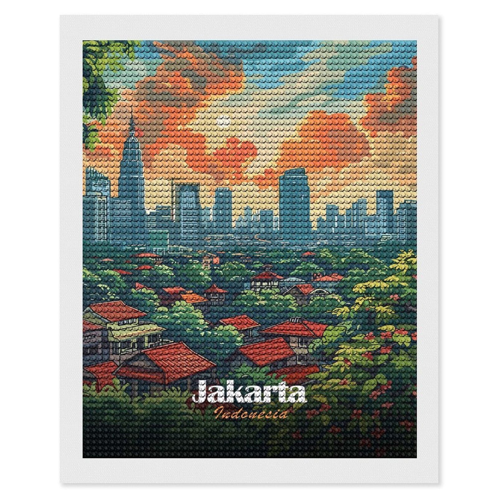 Junmoney Jakarta, Indonesia Cityscape Illustration Full Drill Diamond Painting Kit 16"x20", Mindful Craft Activity, Bedroom Decor, for Adults, Gift Idea