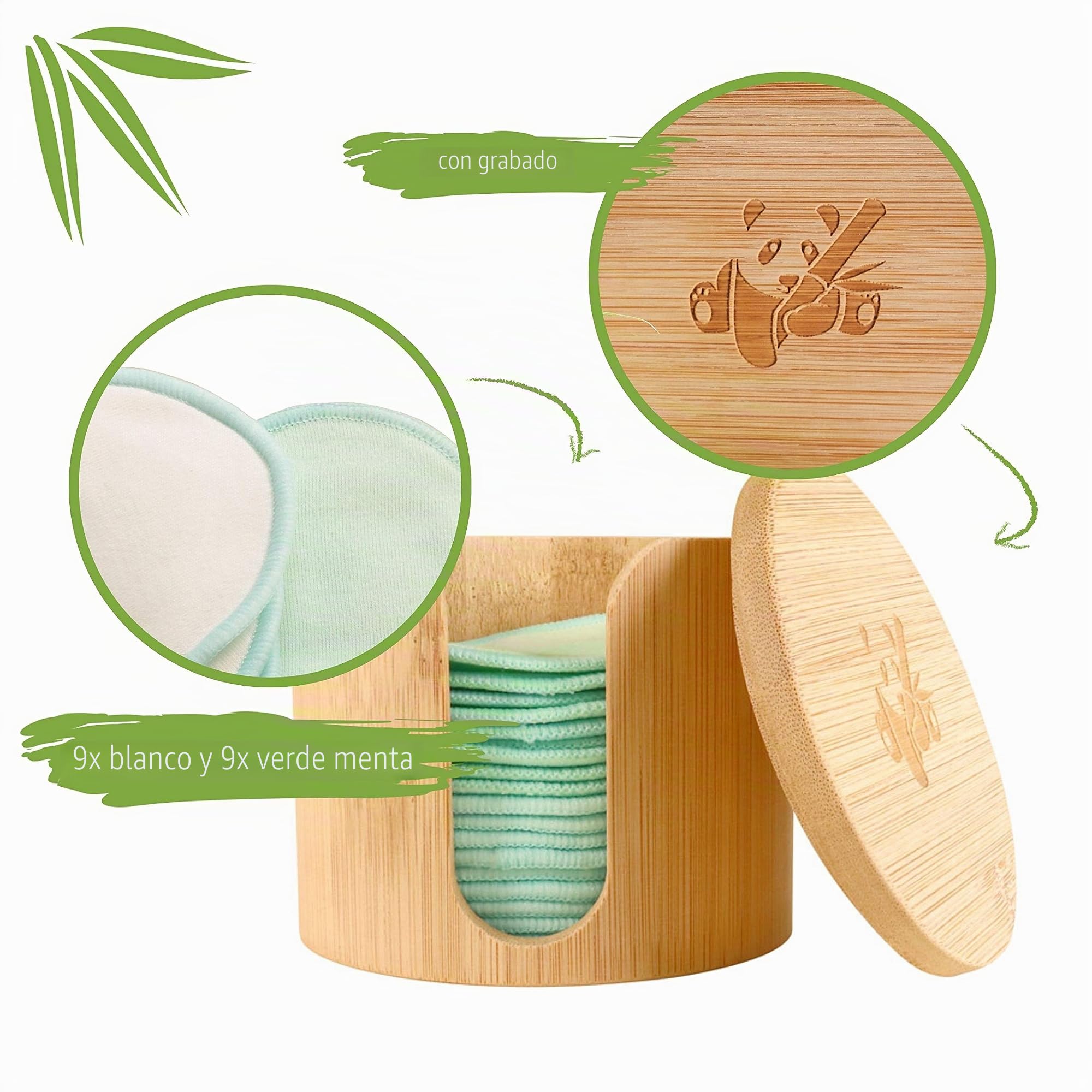 Almohadillas de algodón reutilizables y lavables hechas de algodón orgánico | almohadillas desmaquillantes ecológicas | 18 piezas incl. bolsa de lavado y caja de bambú