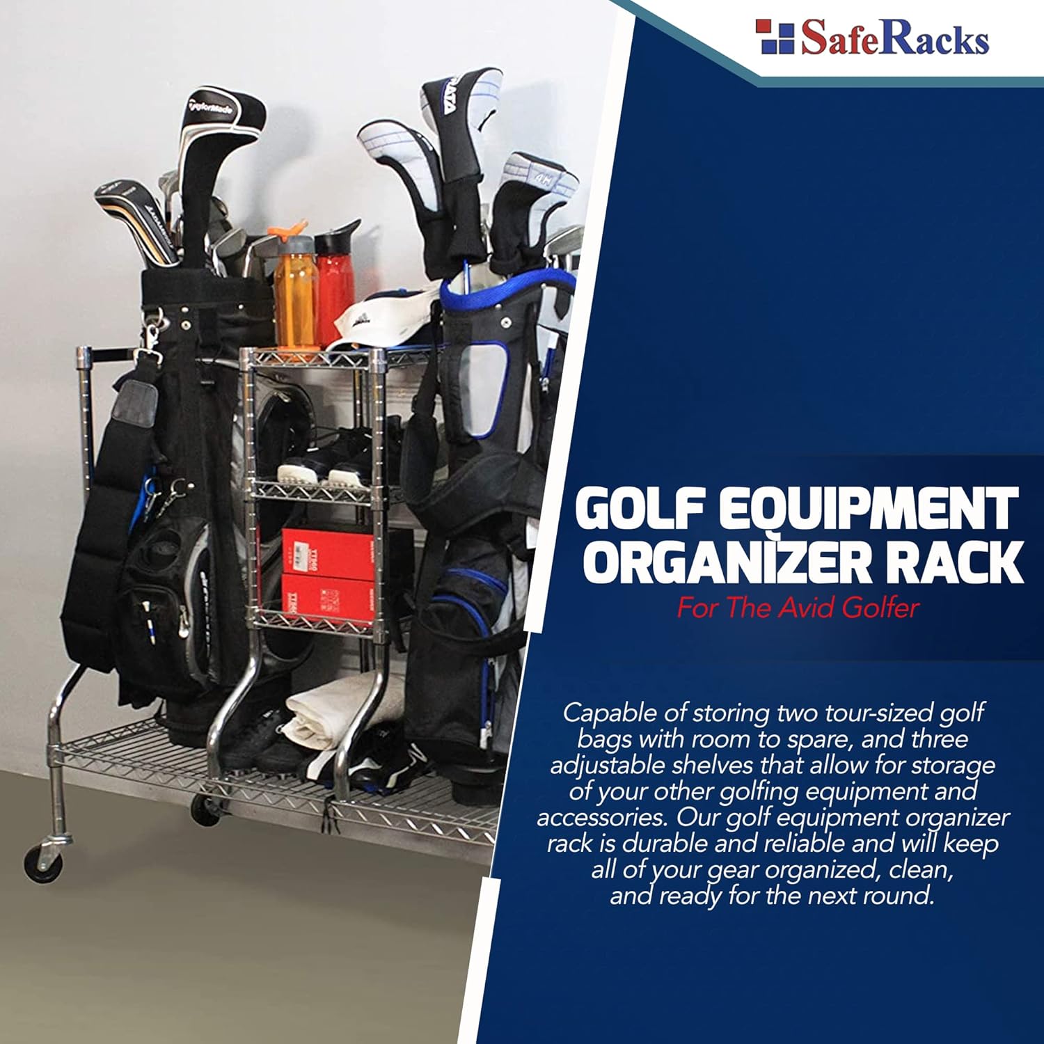 SafeRacks Golf Equipment Organizer Rack, Golf Bag Storage Rack for Garage, Fits 2 XL Bags & Accessories - Standard and Deluxe
