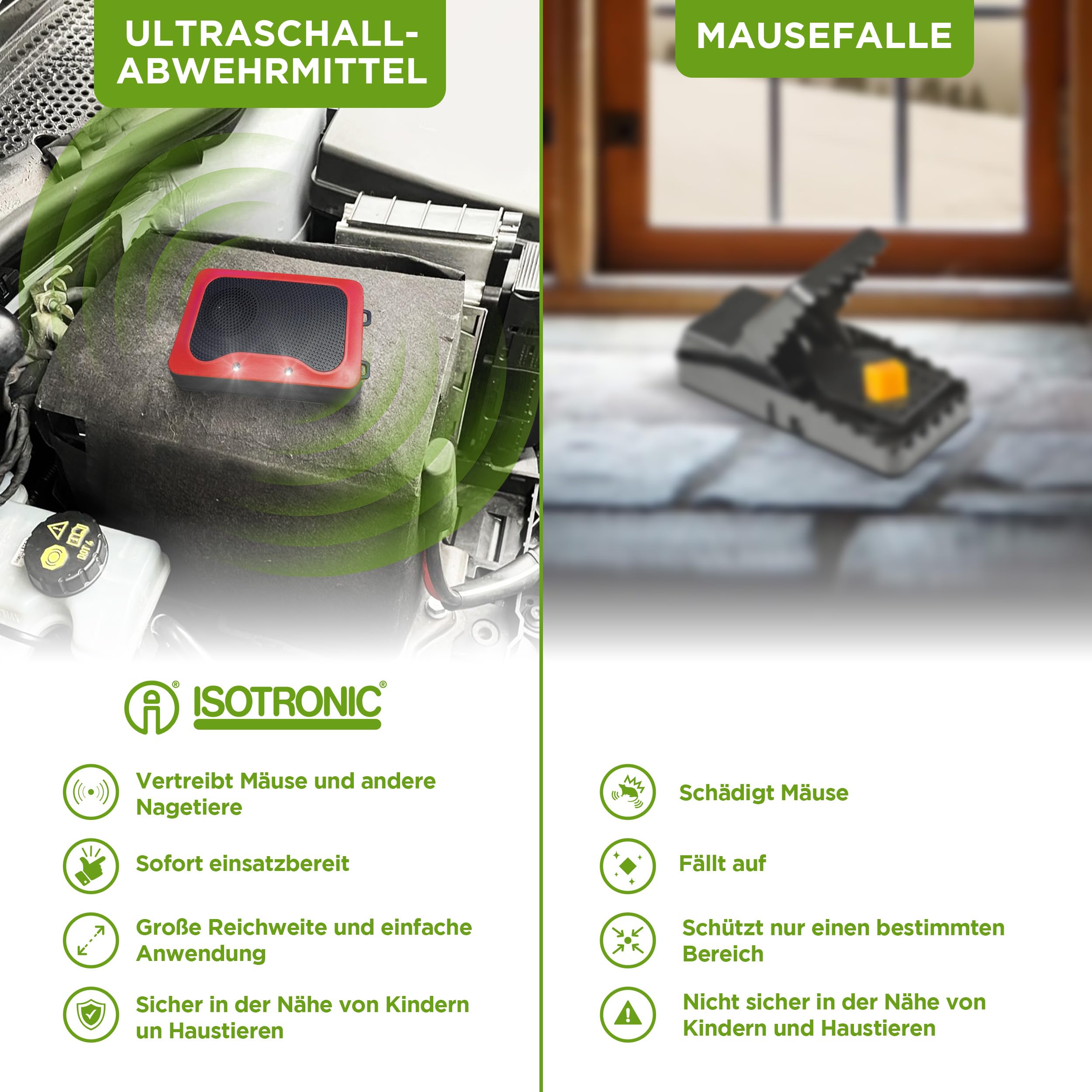 ISOTRONIC Marderschreck mit LED-Blitzlicht & Ultraschall – Batteriebetriebene Marderabwehr für Auto, Dachboden, Garage & Haus – Marderschutz gegen Marder, Mäuse, Ratten & Siebenschläfer (2 Stück)