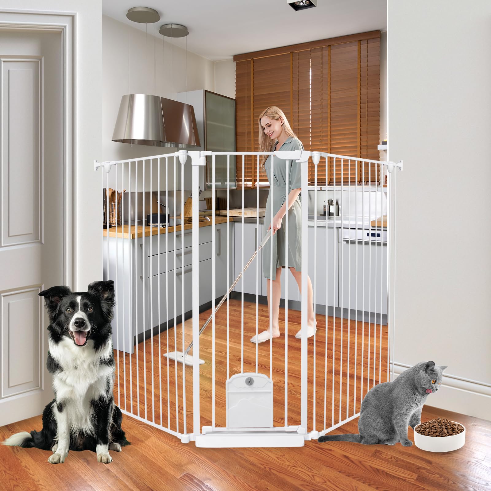51.18inch Tall Dog Gate, 81.11" Extra Wide Pet Gate with Cat Door, Auto Close Hardware Mounted Walk Through Swing Safety Gates for Stairs,Doorways,3 Panels (Black, 29.14"-81.11" Wide)
