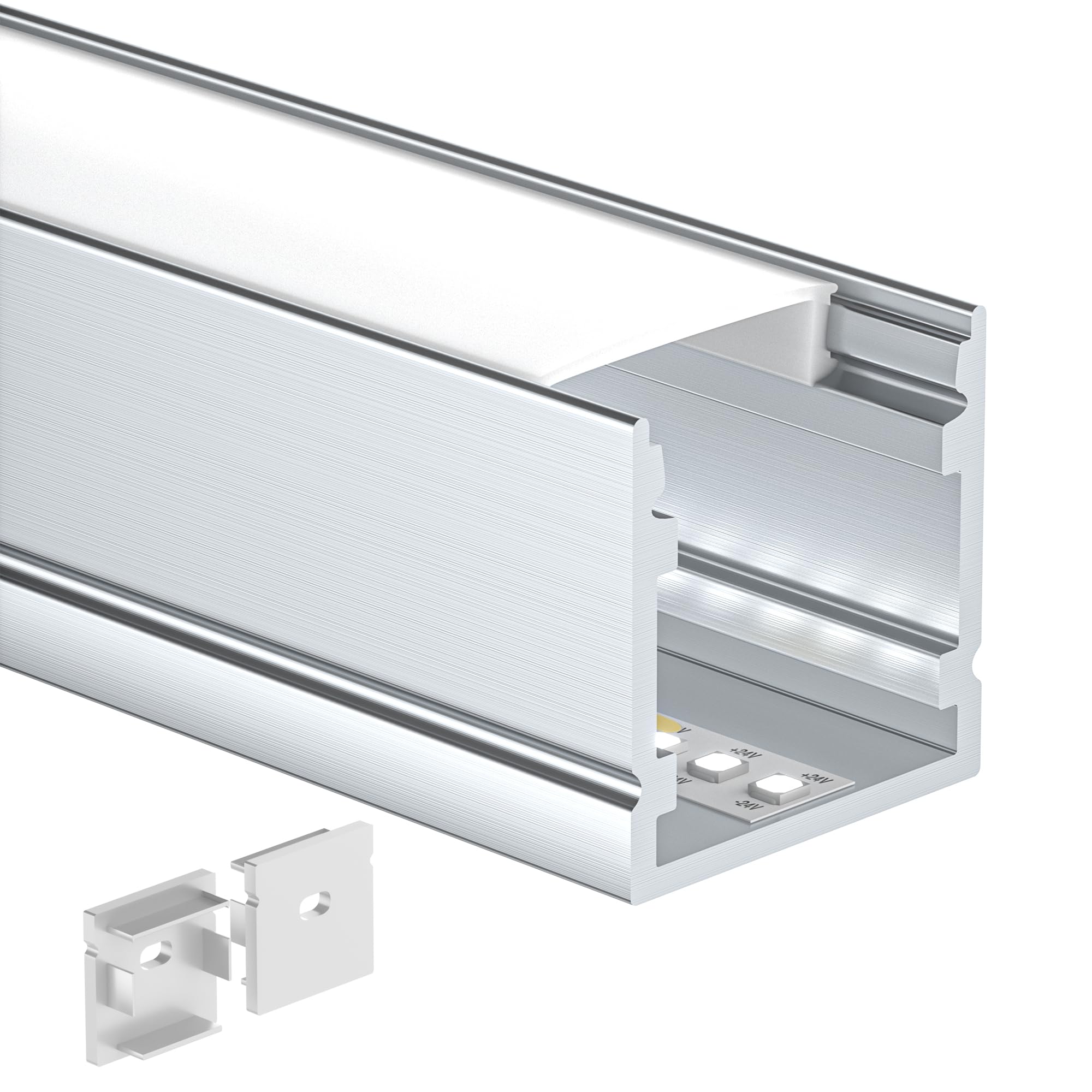 Shine Plus Perfil LED 10 × 2 m, riel LED para instalación empotrada y montaje en superficie con clip, adecuado para tiras LED de un ancho inferior a 15 mm. Dimensiones del difusor LED: 20 x 20 mm.