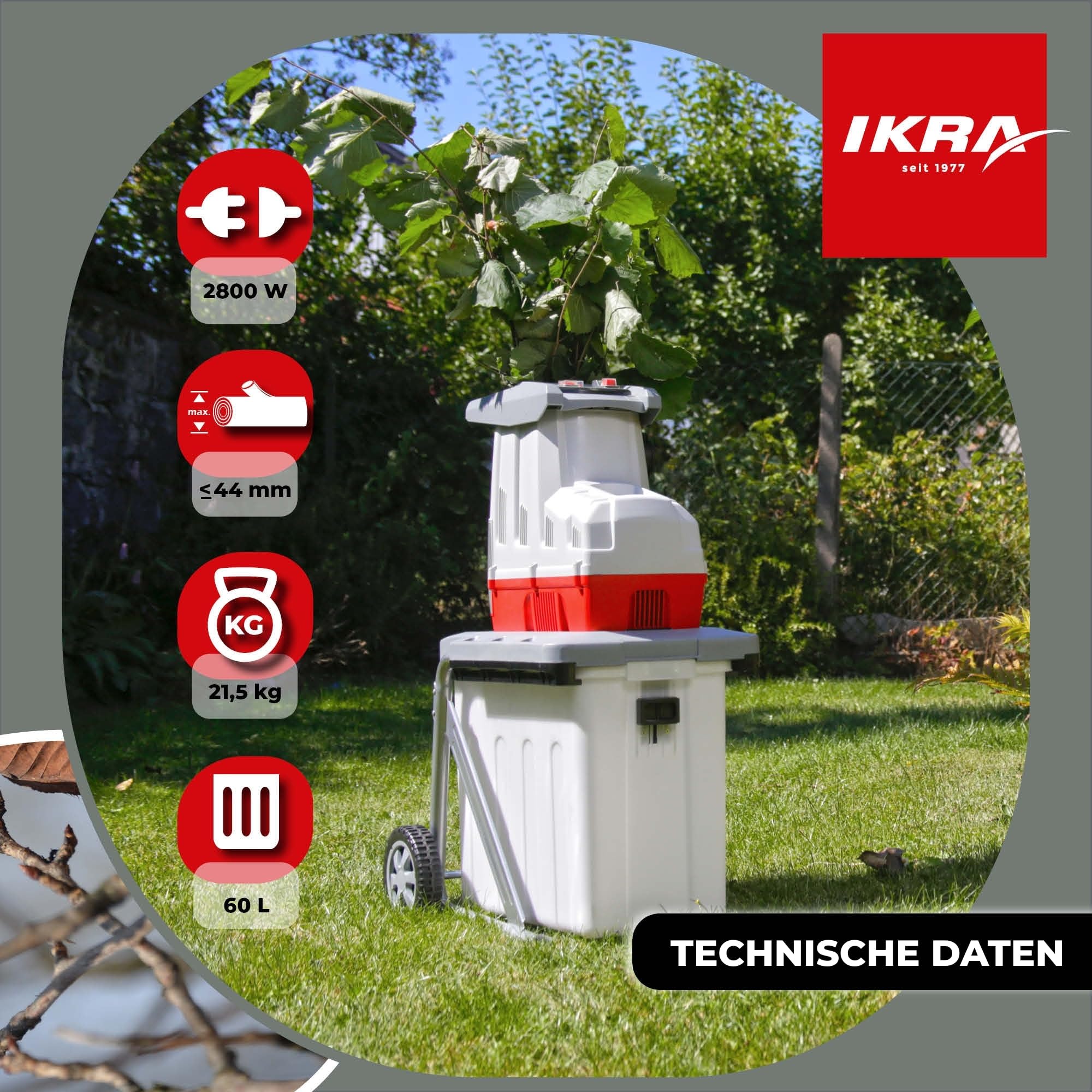 IKRA Elektro Walzenhäcksler ILH 2800 2800W Aststärke bis 44mm leise robust wartungsarm Asteinzug