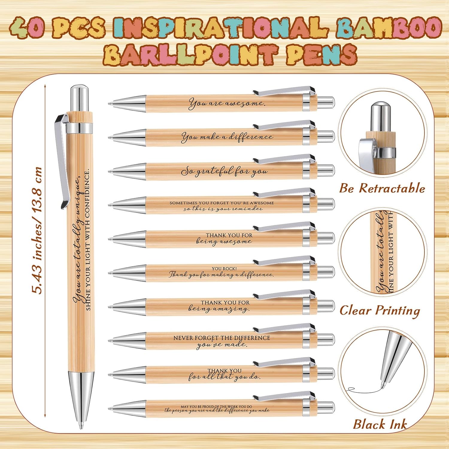 Kosiz 40 Sets Employee Appreciation Gift Bulk 10 styles Inspirational Bamboo Ballpoint Pen with Wooden Puzzle Keychains Thank You Cards team building gifts for Team Coworker Teacher Nurse