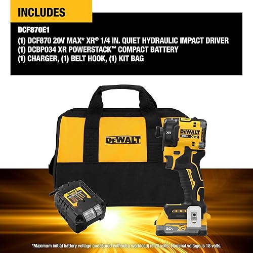 Miniatura 5 de DEWALT Kit de destornillador de impacto inalámbrico hidráulico silencioso de 20 V MAX XR de 14 pulgadas con batería POWERSTACK y cargador (DCF870E1)